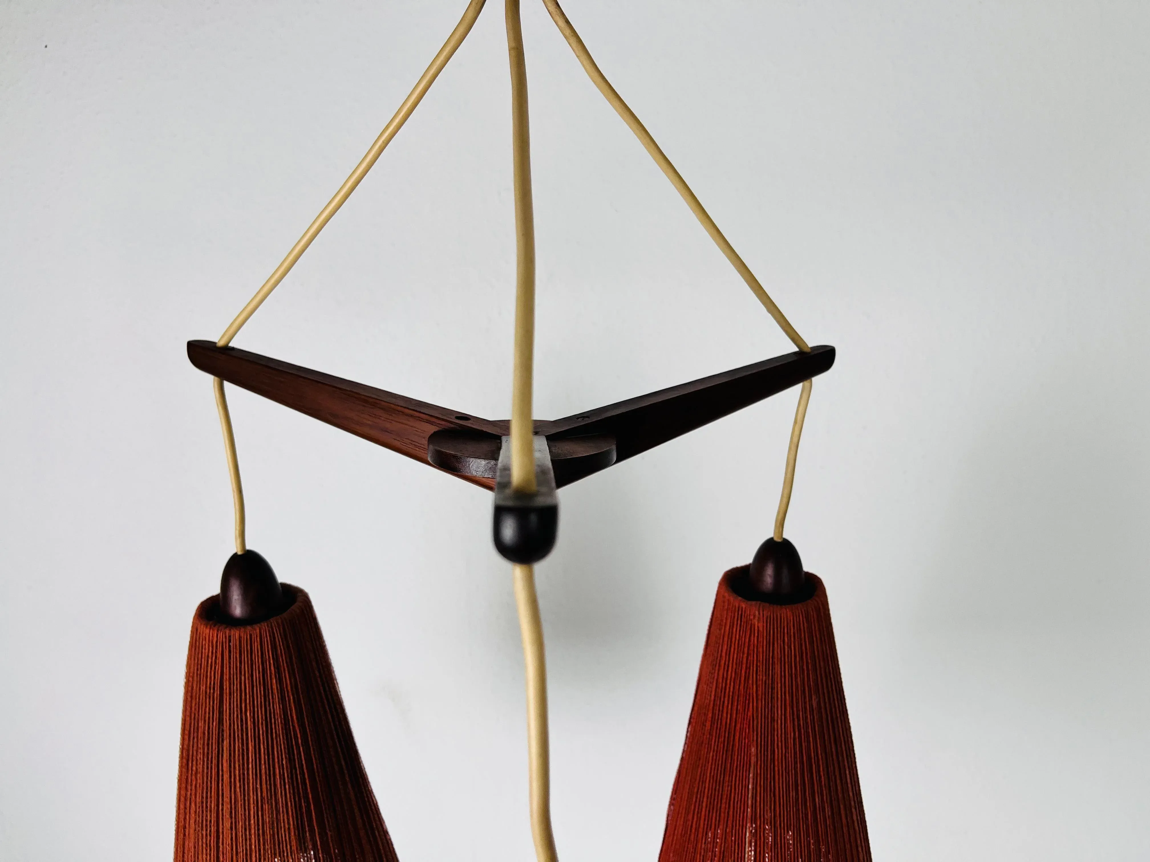 Midcentury Teak and Cord Shade Hanging Lamp by Temde, circa 1960