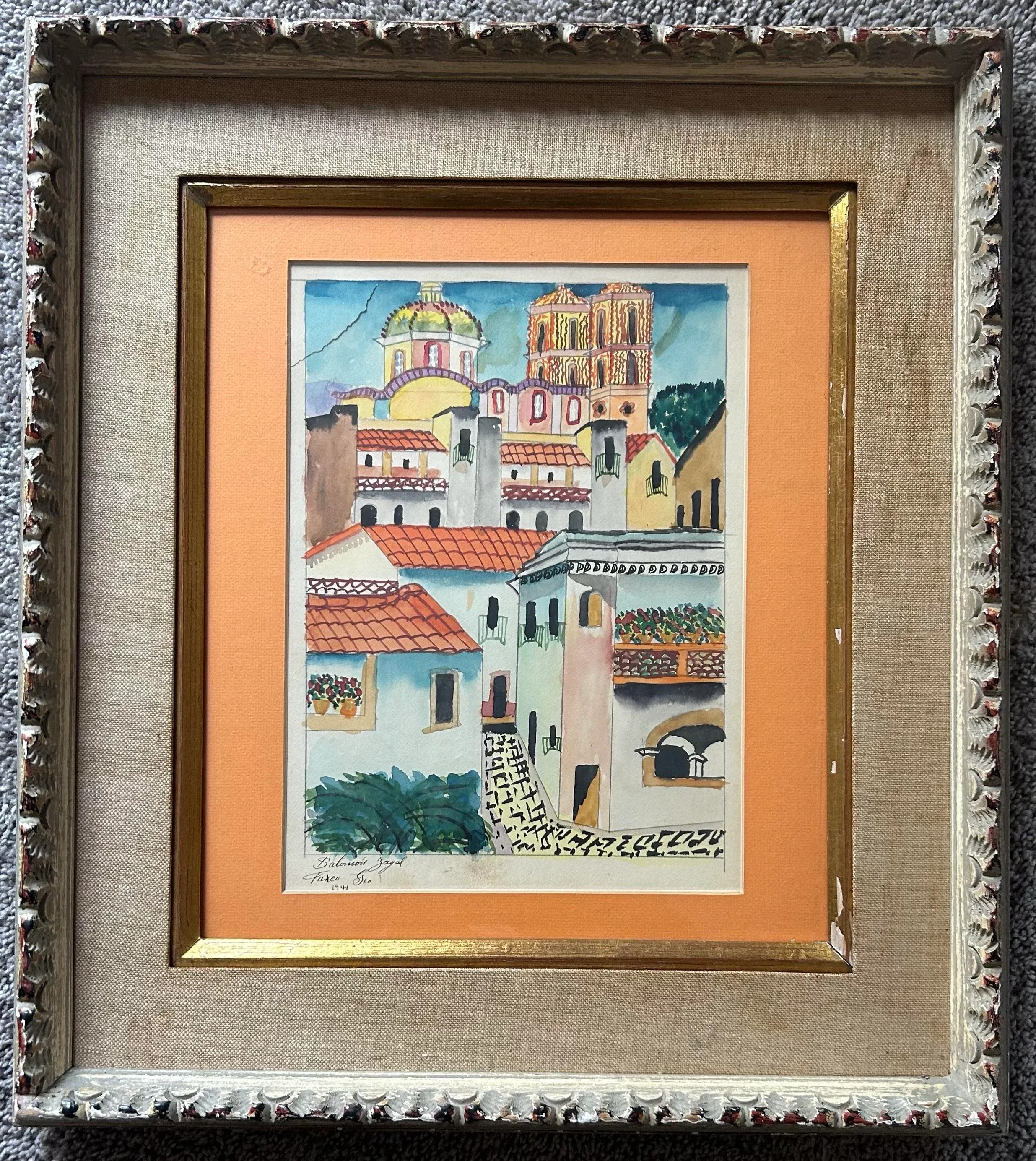 Antique 1941 Original Watercolor of Mexican Town in Wood Frame