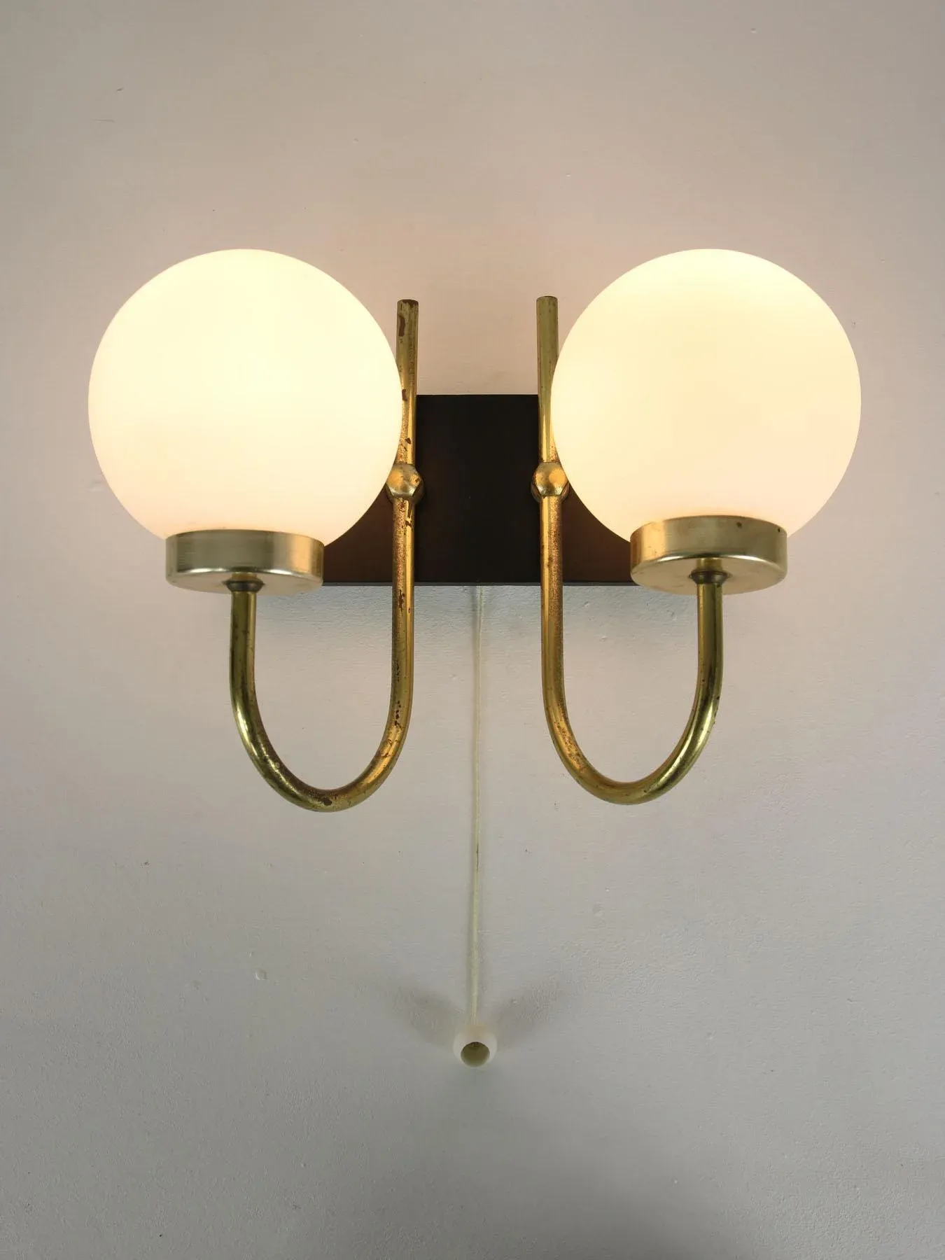 Mid-Century Brass & Opaline Sconces, Set of 2