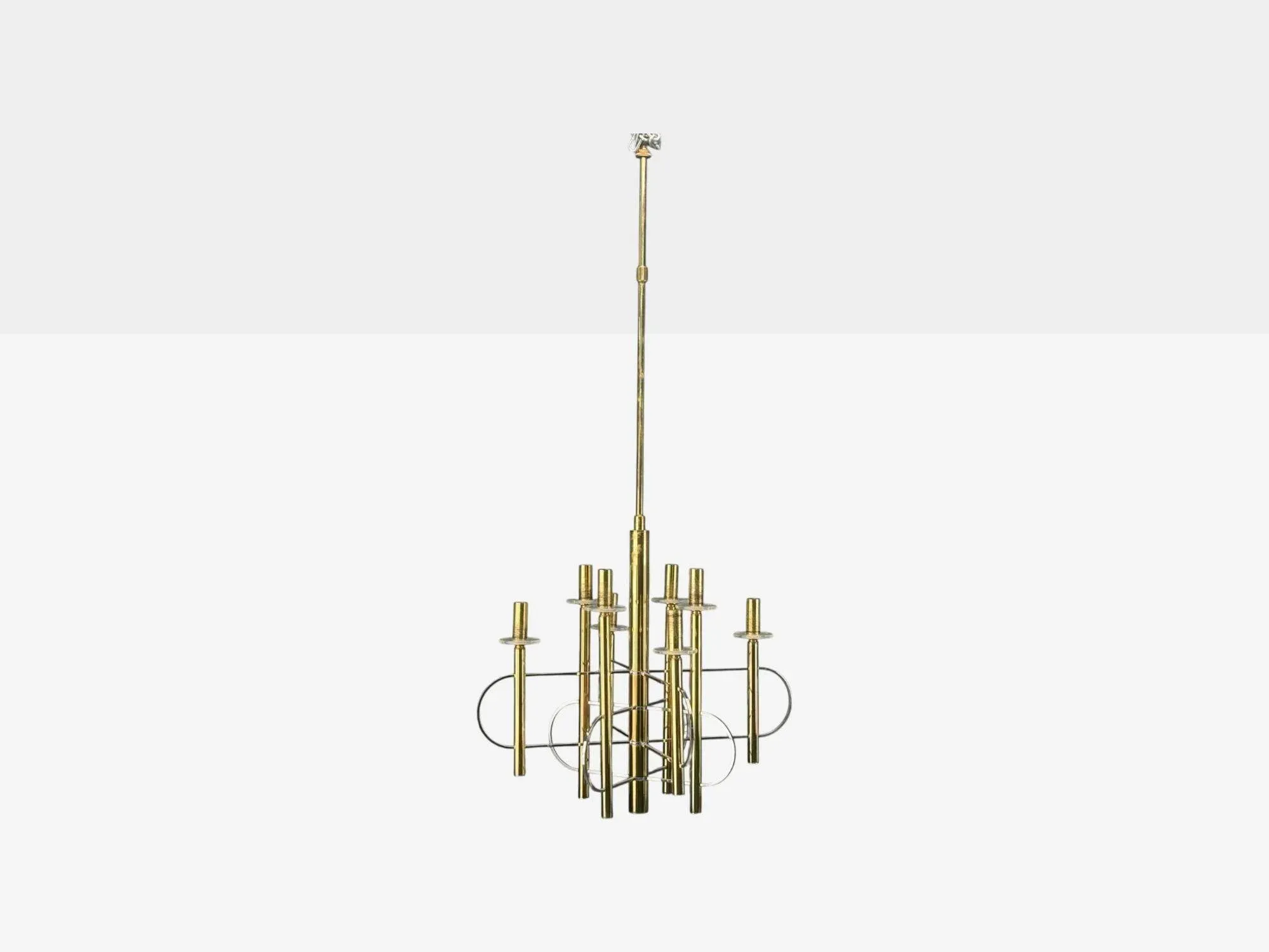 Pair of Gaetano Sciolari Attributed Brass, Metal, Glass, Pendant Lights, Italy, 1970s