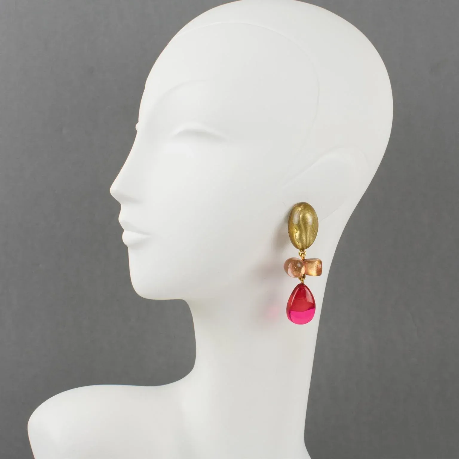 Dominique Denaive Paris Gold, Pink and Fuchsia Resin Dangle
