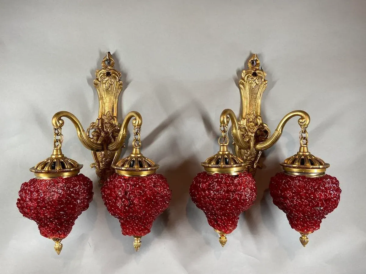 1980s Louis XVI Gilded Bronze Red Crystal Wall Lamps / Sconces- Pair