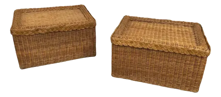 Palm Regency Style Braided Wicker Rattan Ottoman Benches, Pair