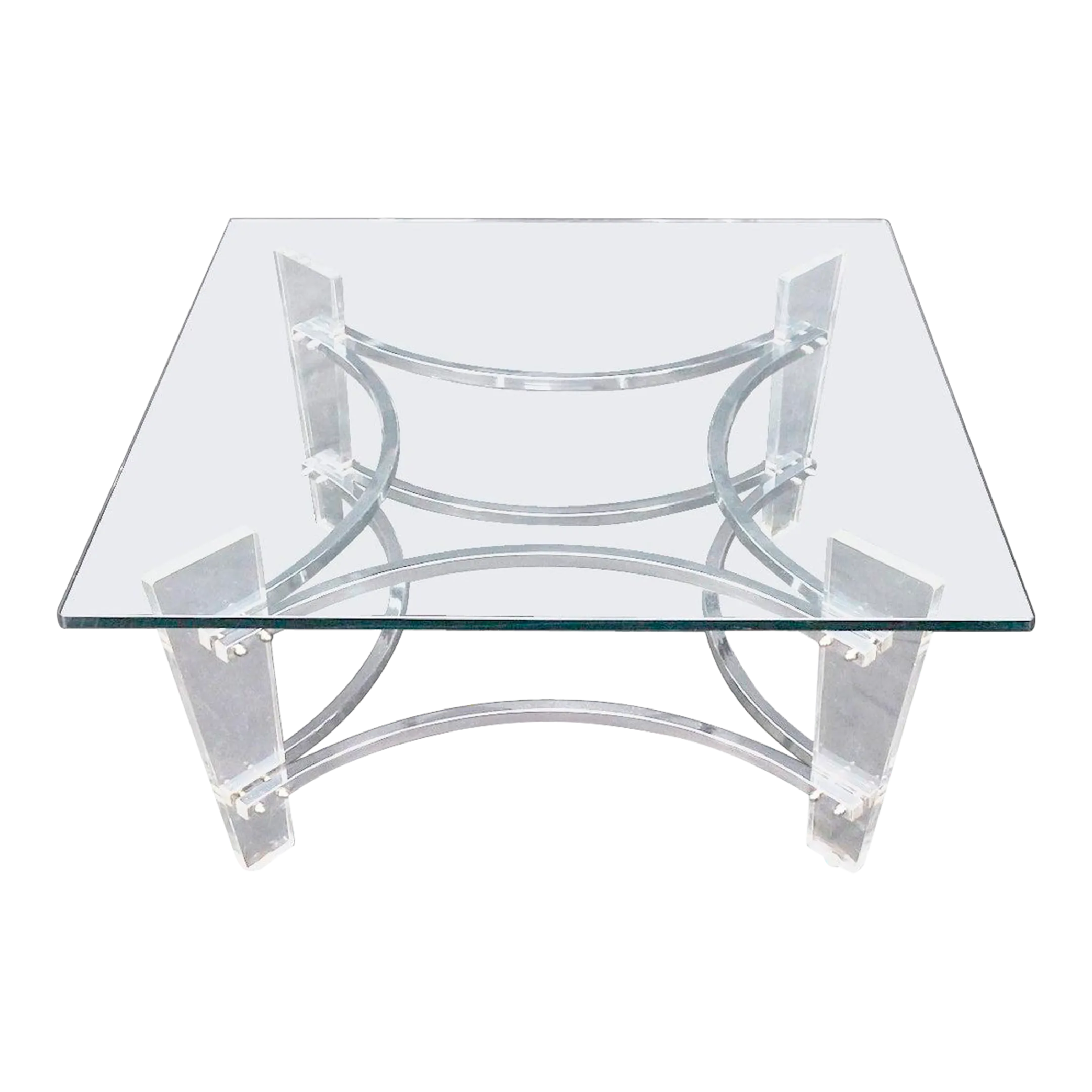 Charles Hollis Jones Lucite Chrome Square Glass Top Coffee Center Table