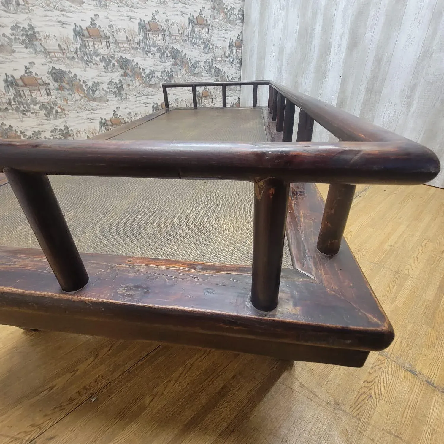 Antique Shanxi Province Elm and Rattan Inlay Opium Bed