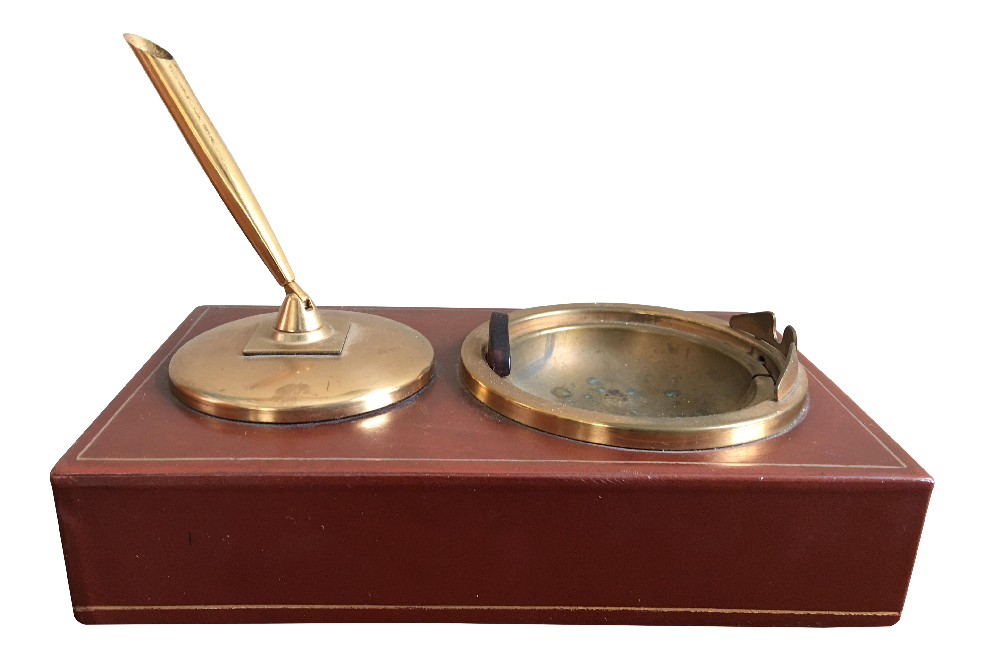 MidCentury Leather Brass Desk Pen Holder and Ashtray Chairish