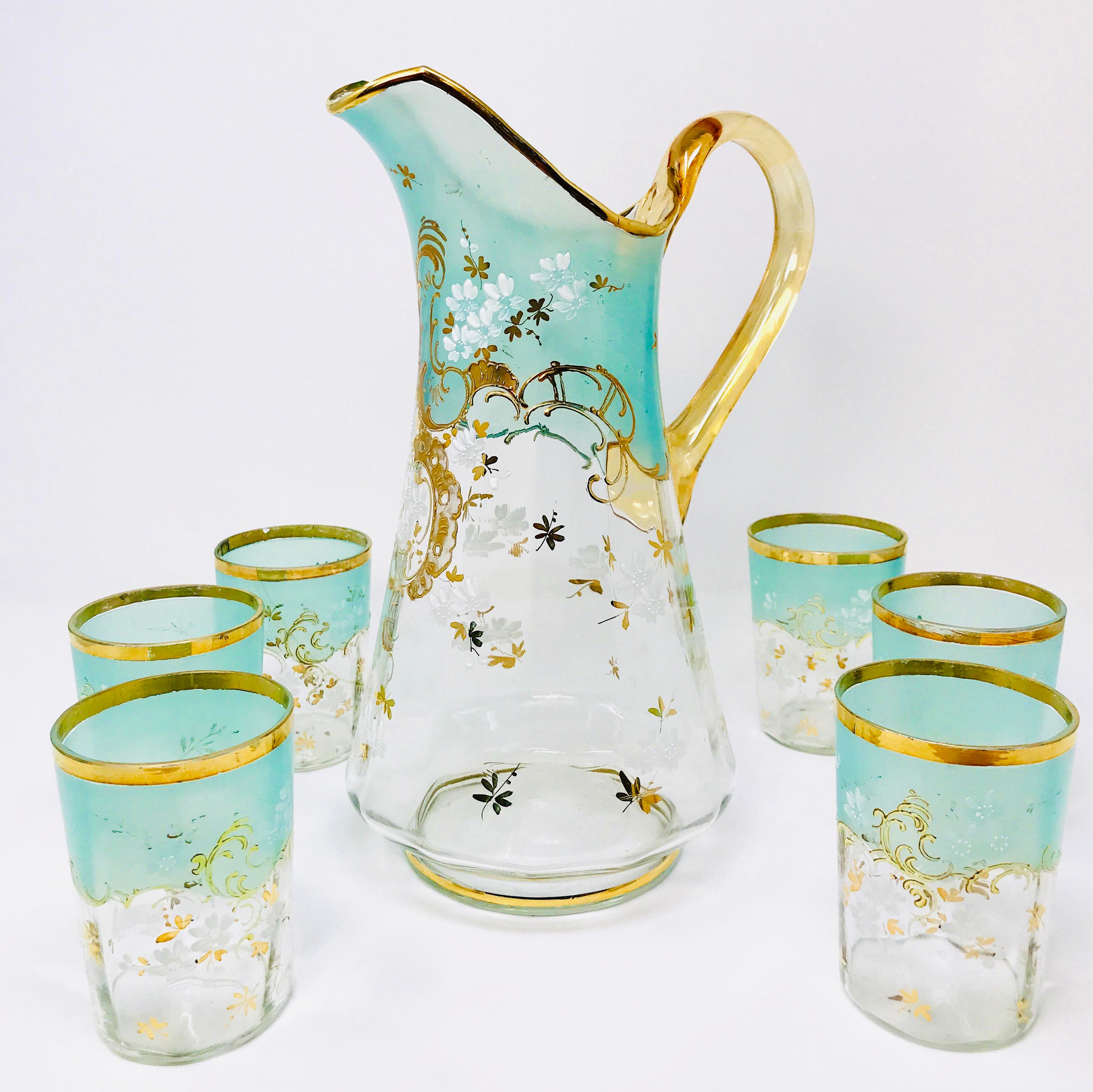 French 19th C. Hand-Painted Glass Pitcher & Glasses Serving Set - Set of 7