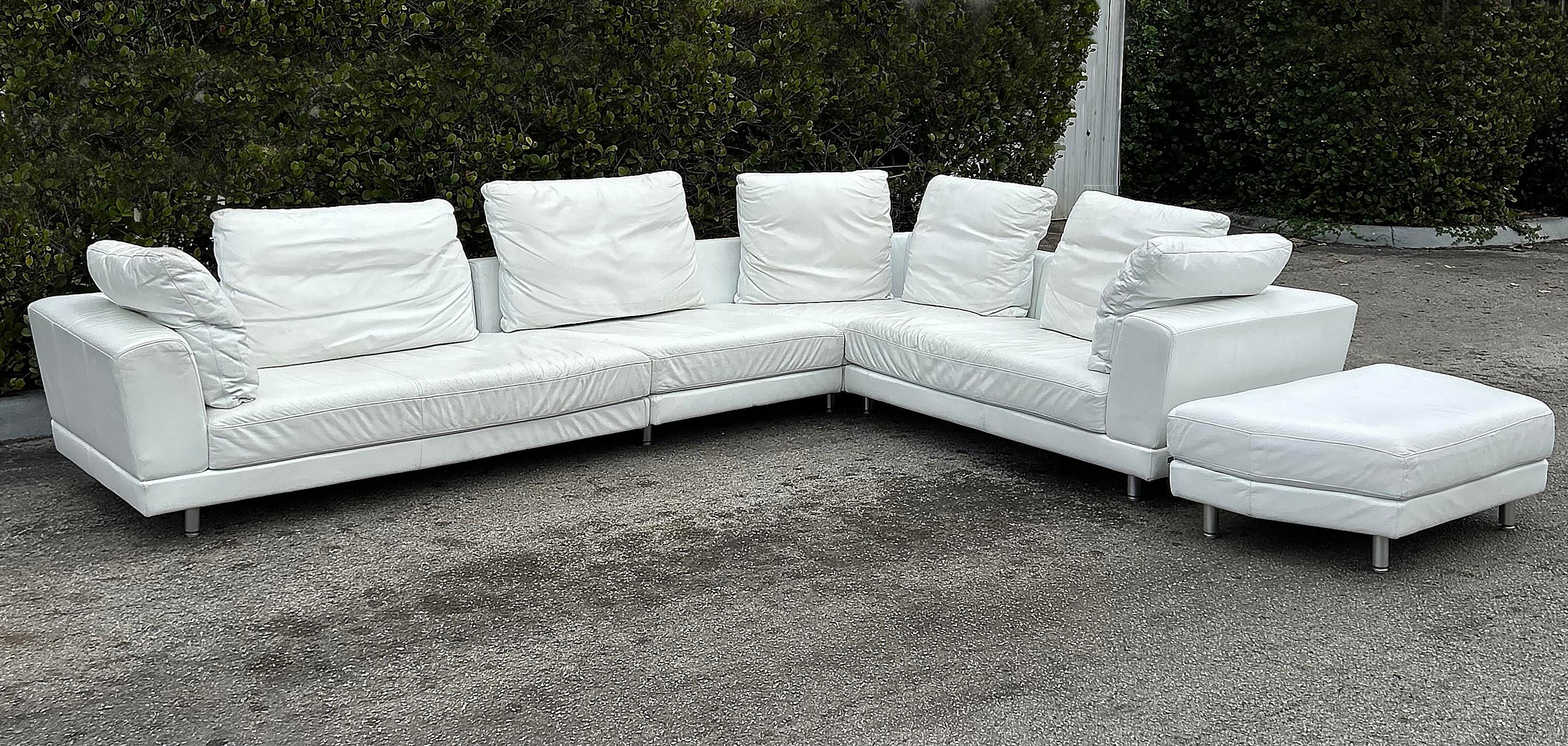 Rolf Benz Leather Sectional Sofa and Ottoman With Glass Attached Side Table