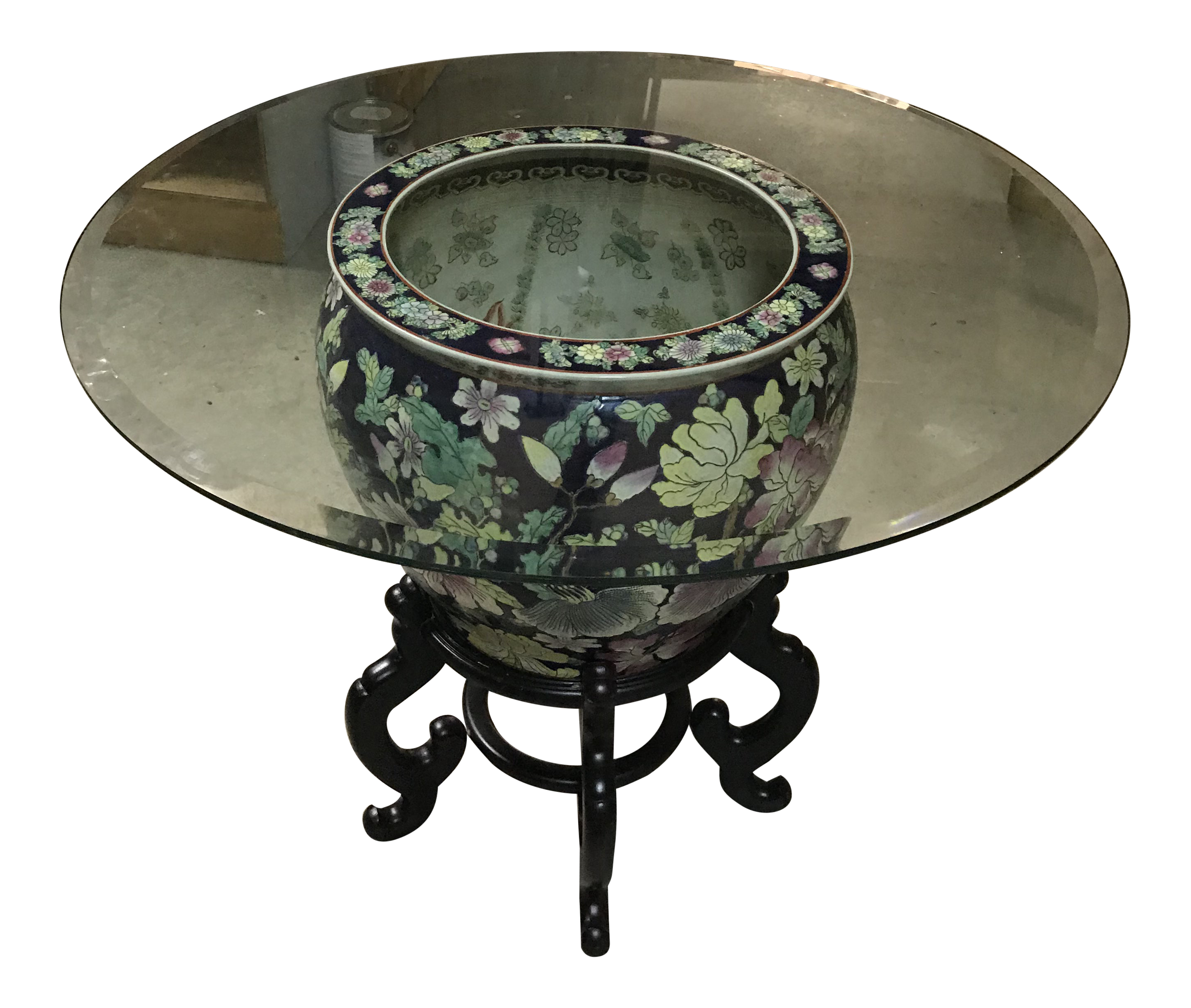 Fish Bowl Glass Top Wooden Base Table Famille Rose Porcelain Vintage Reduced Final Chairish