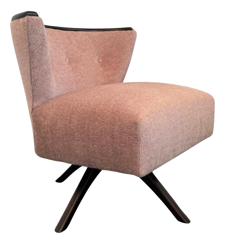 1950s Mid Century Modern Blush Mohair Swivel Slipper Chair by