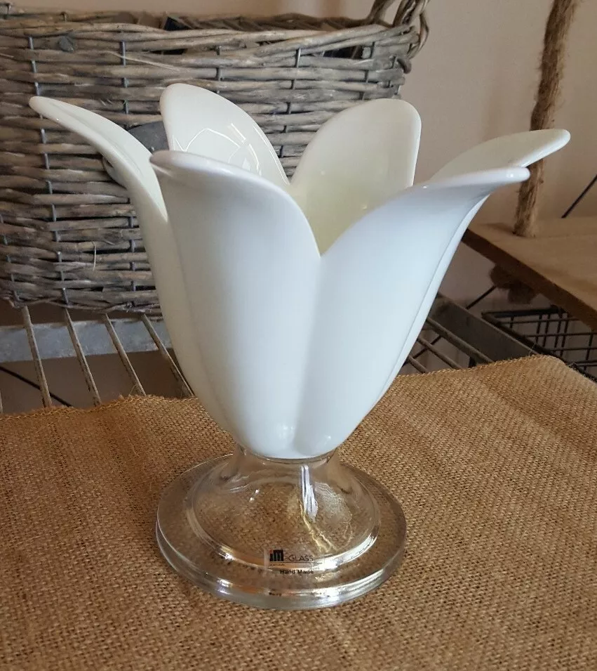 Vintage Im Portugal Hand Made Glass White Flower Vase | Chairish