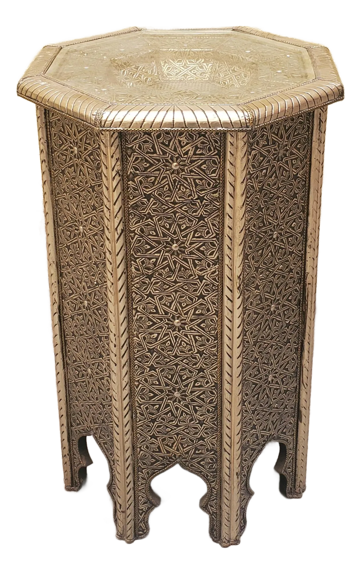Moroccan Hexagonal Metal Inlaid Tall Side Table | Chairish
