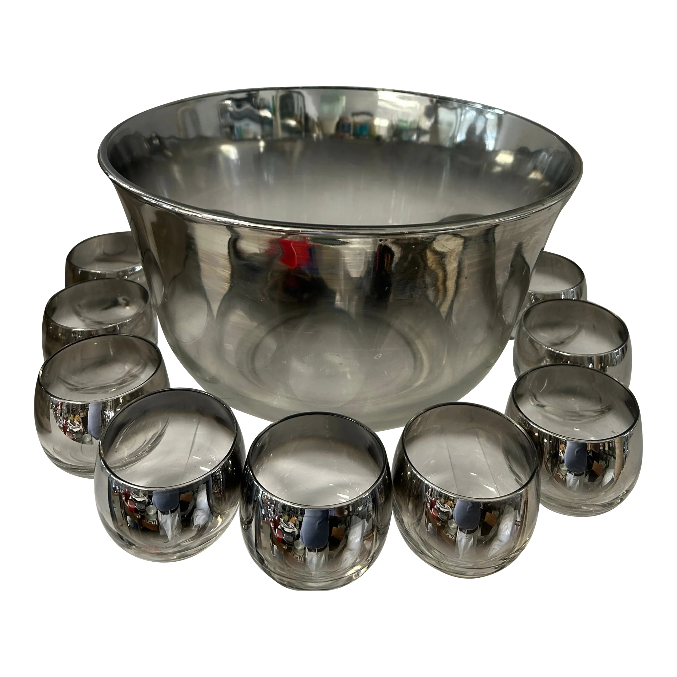 1960s Silver Fade Punch Bowl Set After Dorothy Thorpe- 12