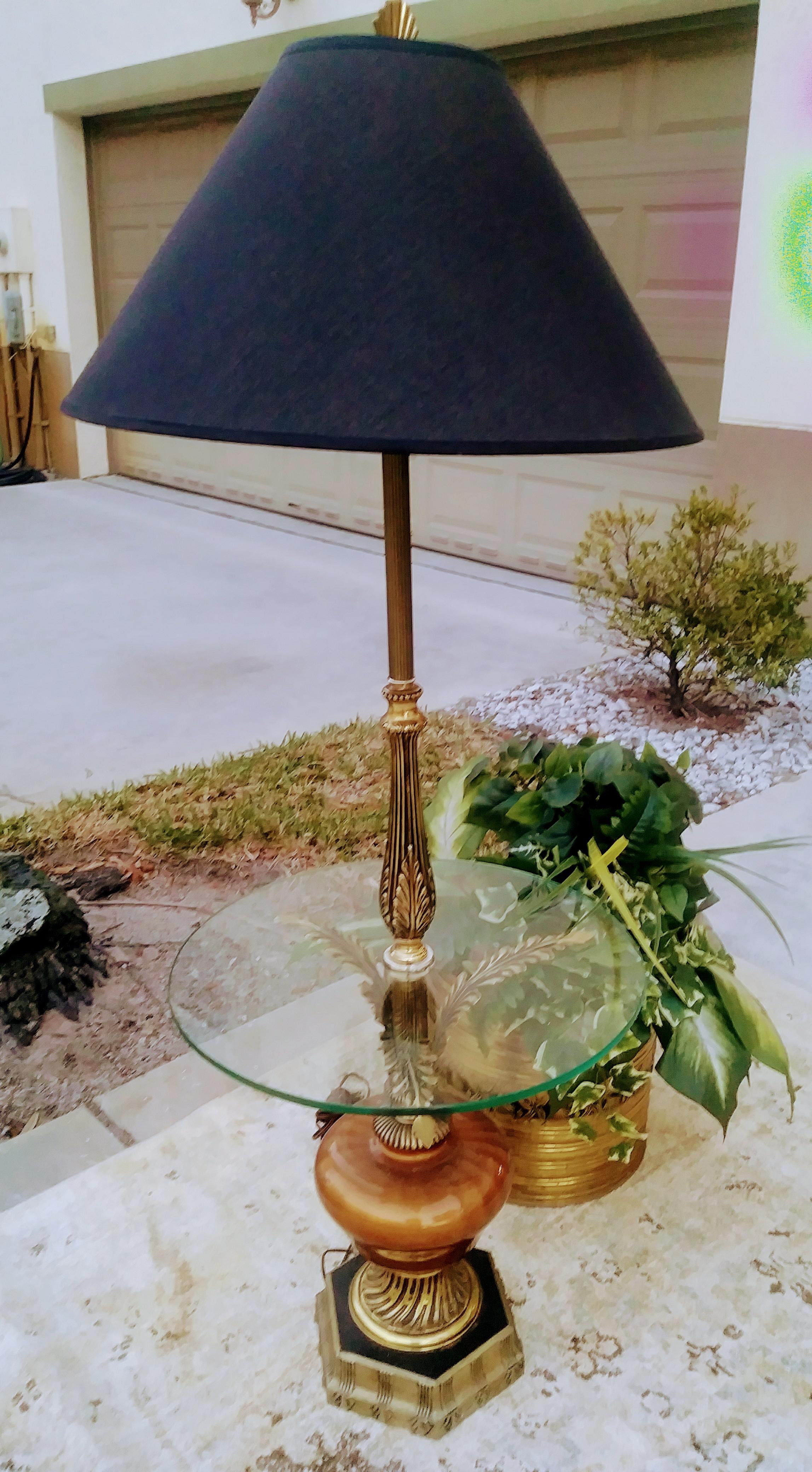 Tall Vintage Hollywood Regency Glass Top Amber Black Side Table