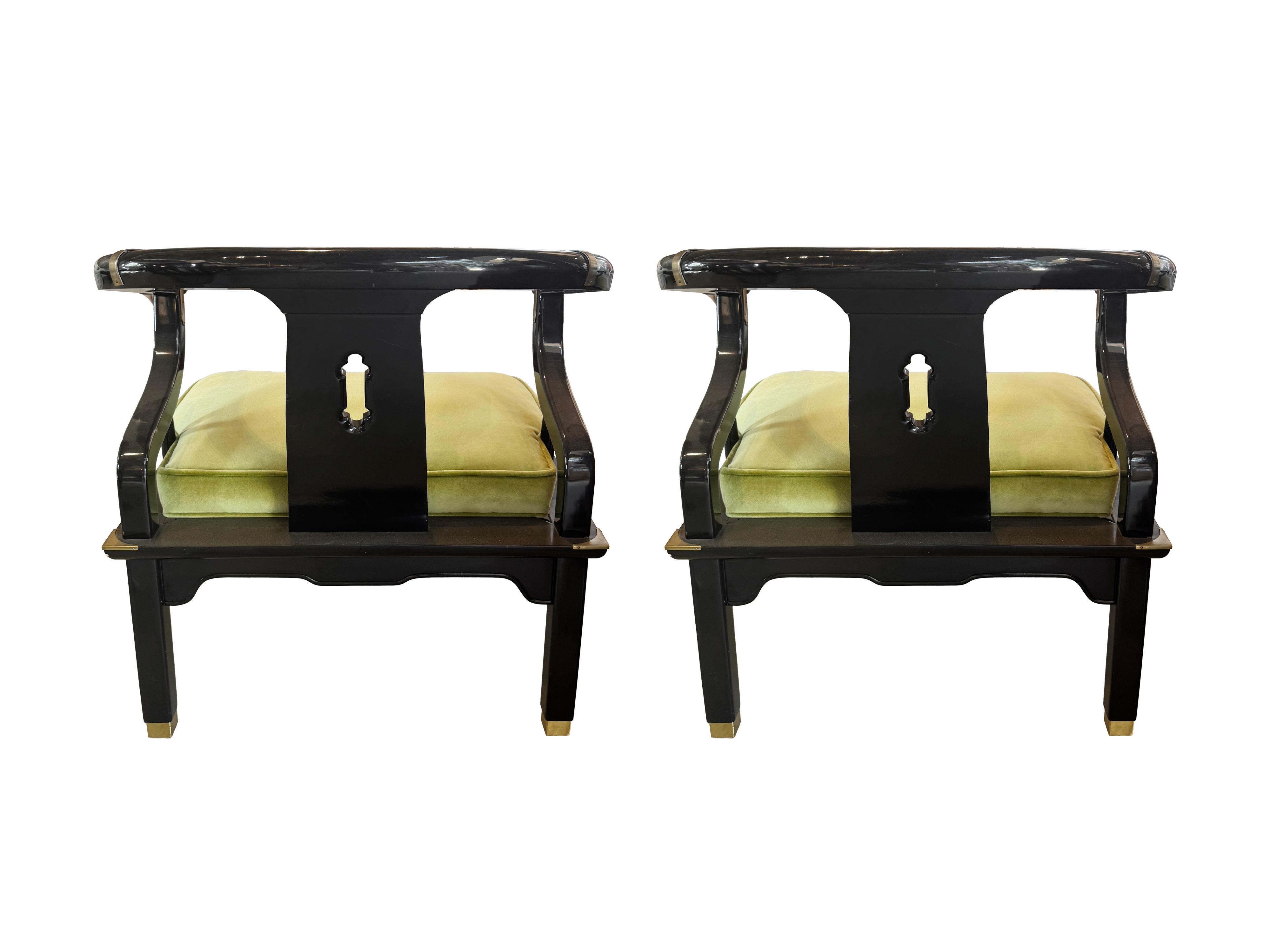 Mid 20th Century James Mont Ming Style Black Lacquer & Brass
