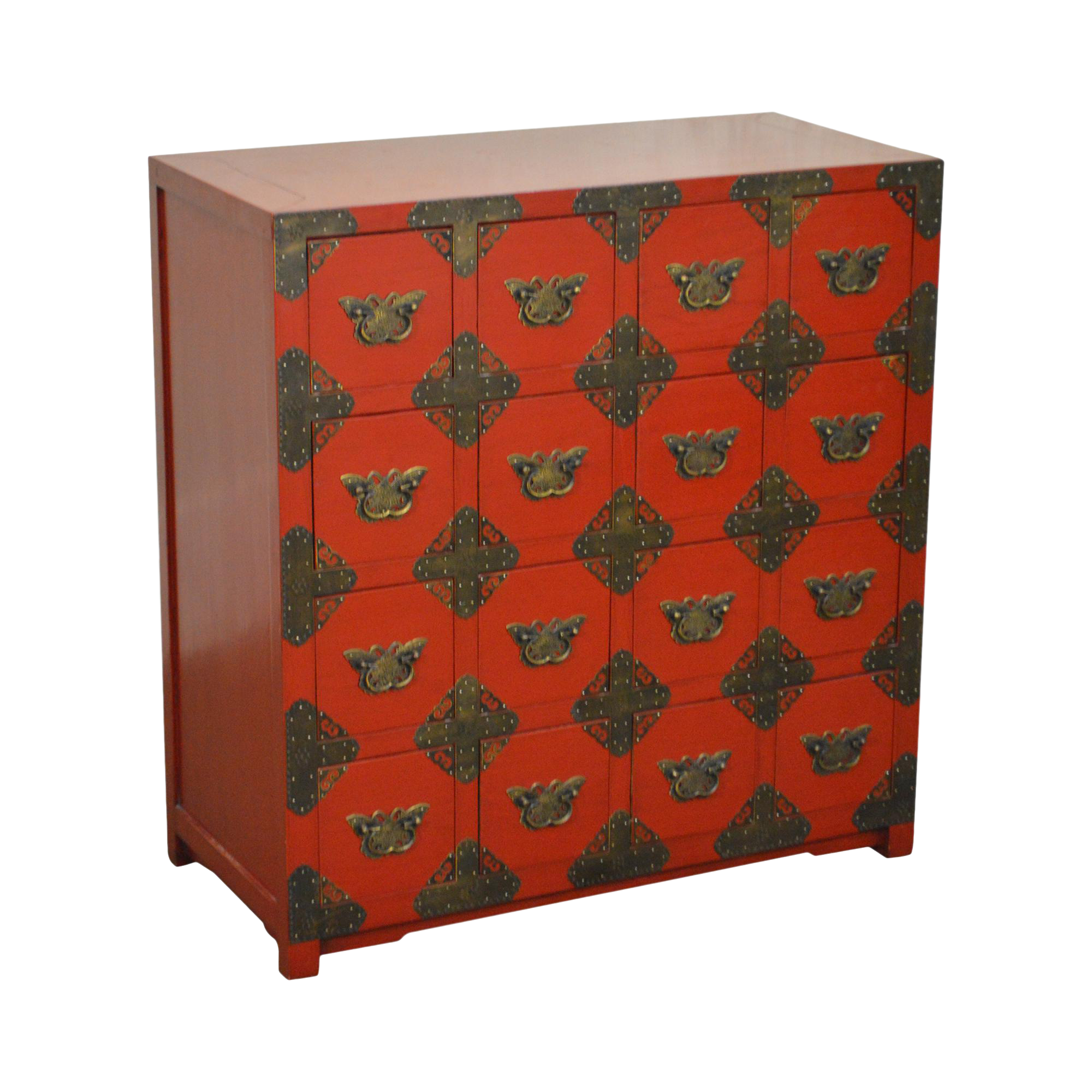 Red Painted 16 Drawer Asian Chest W Butterfly Hardware Chairish