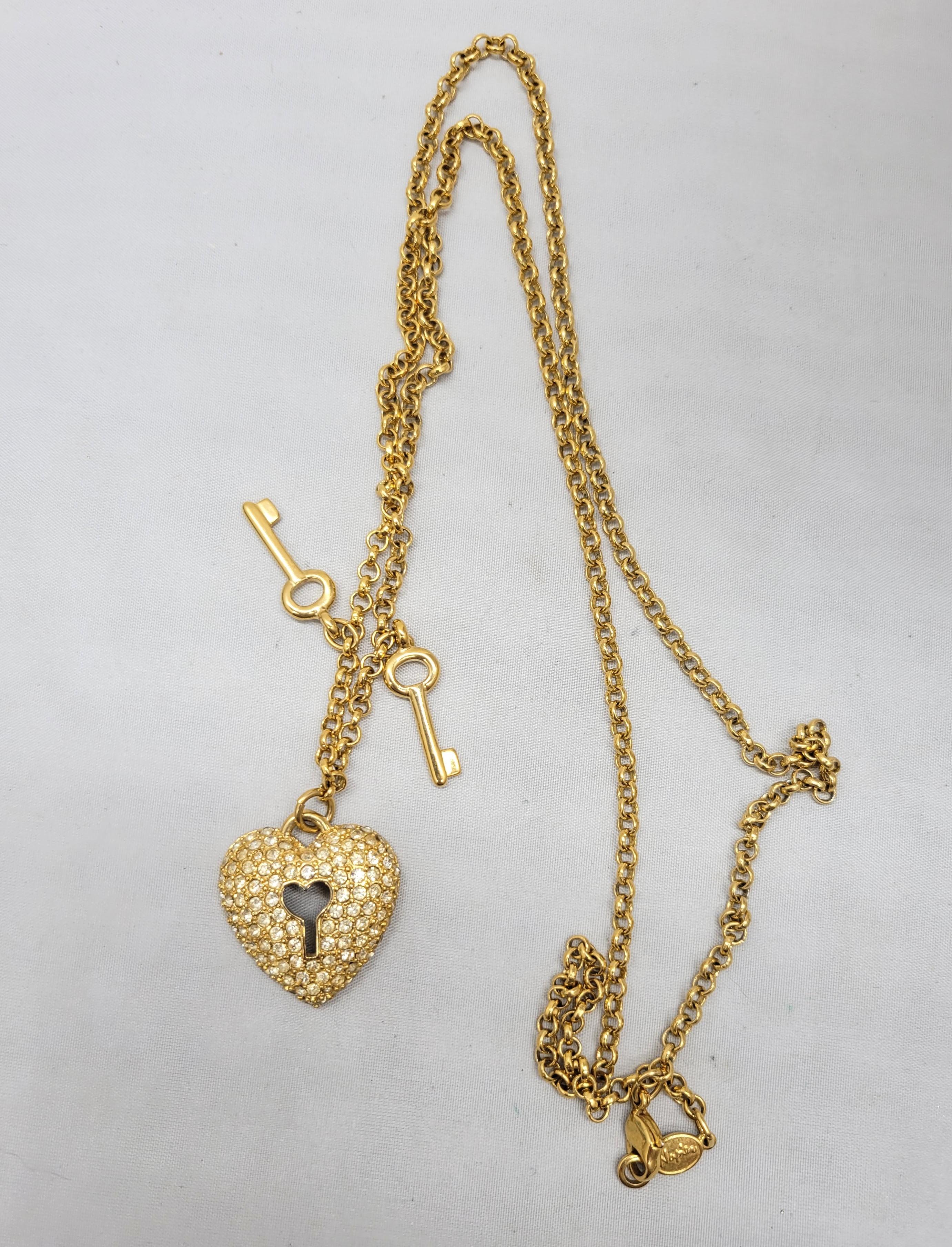 Vintage Signed Napier Rhinestone Heart Lock Pendant Necklace