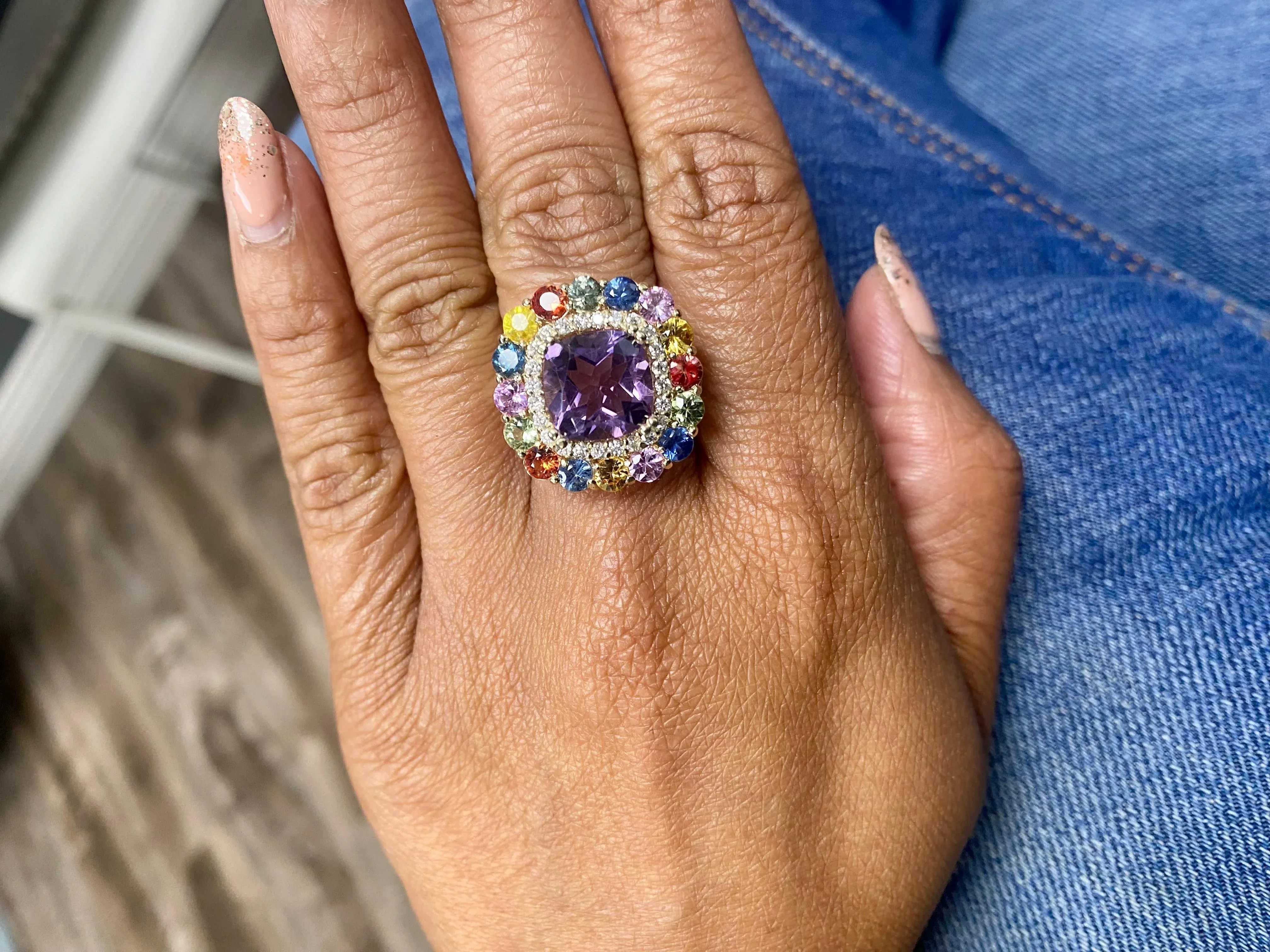 Carat Cushion Cut Amethyst Sapphire Diamond Yellow Gold