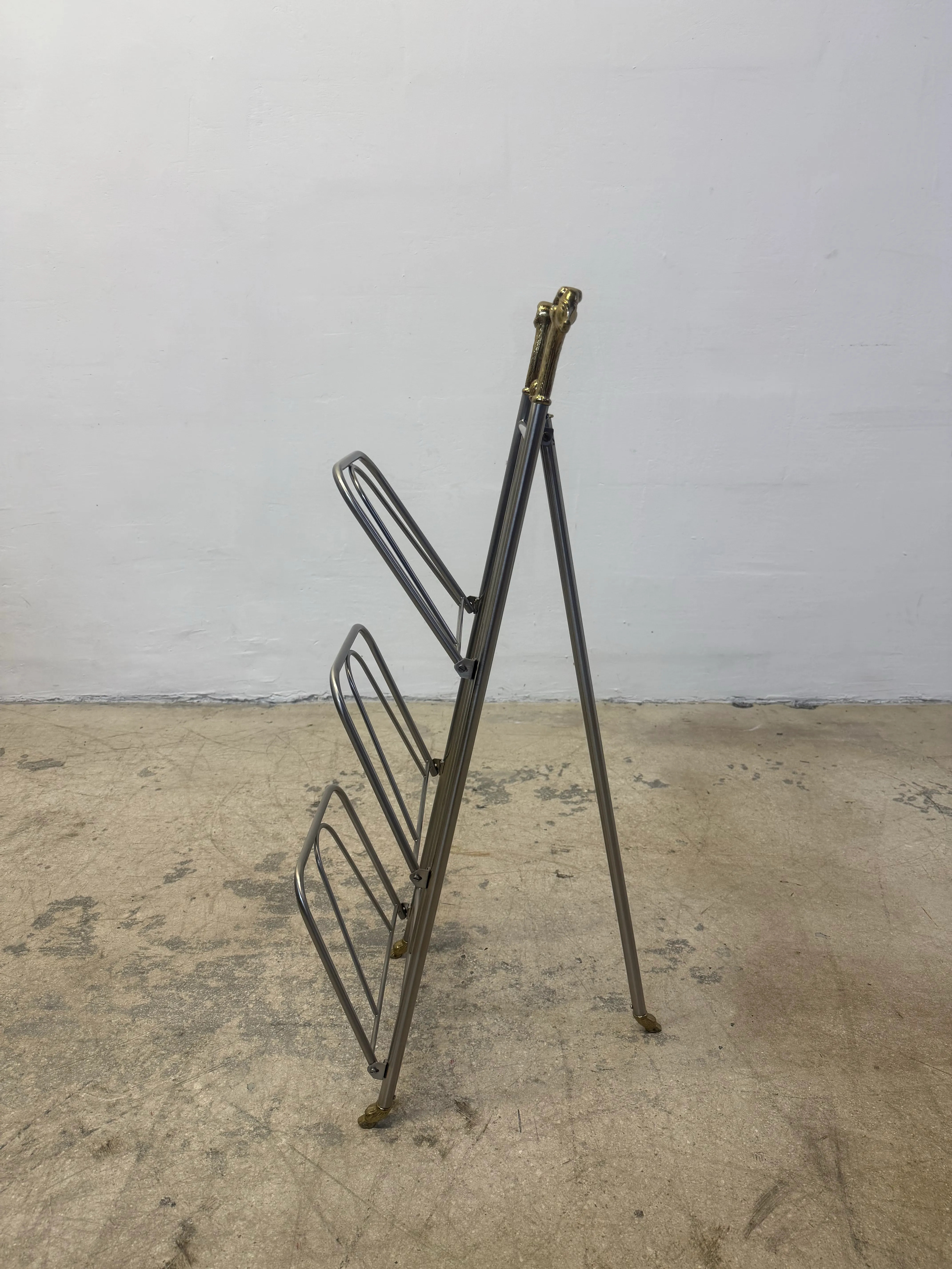 Maison Jansen Style Steel and Brass Rams Head and Feet Magazine Rack, Italy