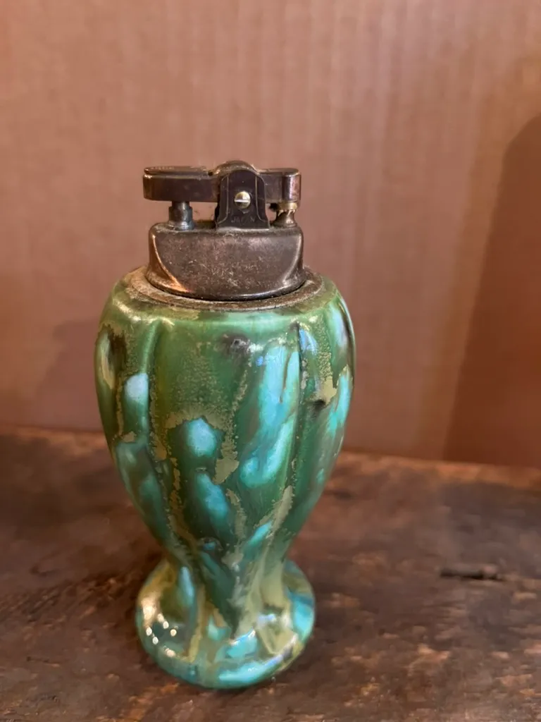 cigarette lighter and ashtray set Vintage Evans 3 Piece Lighter, Ashtray, Cigarette Cup or any occasion. Vintage Green Ceramic Lighter &