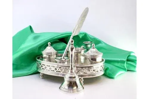 Plain Silver Inkwell with Two Tanks and Pen Holder and Candlestick and Bell and Quill-Shaped Pen, Set of 7