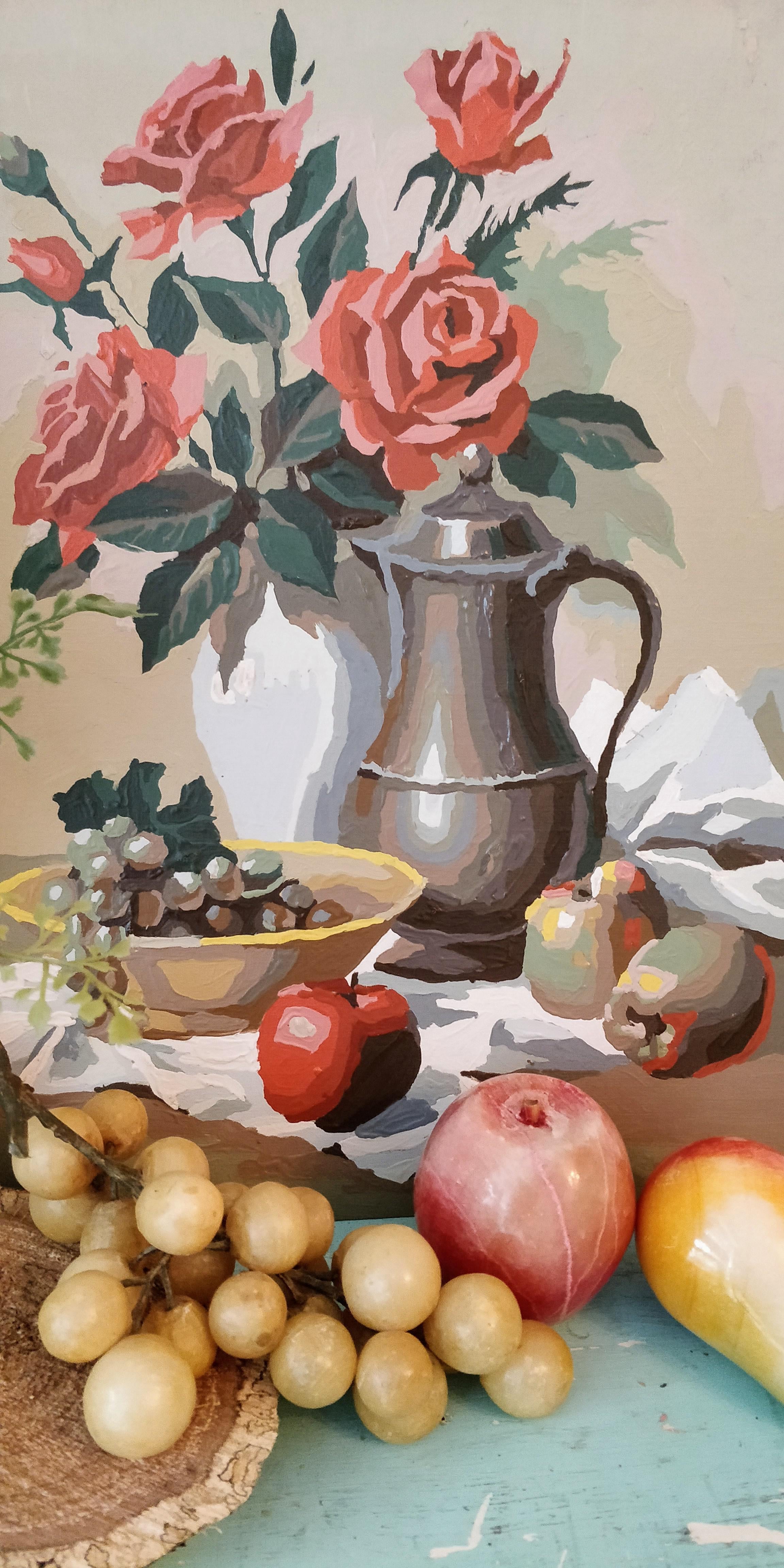 Vintage Paint by Number Pbn Floral Fruit Teapot Roses | Chairish