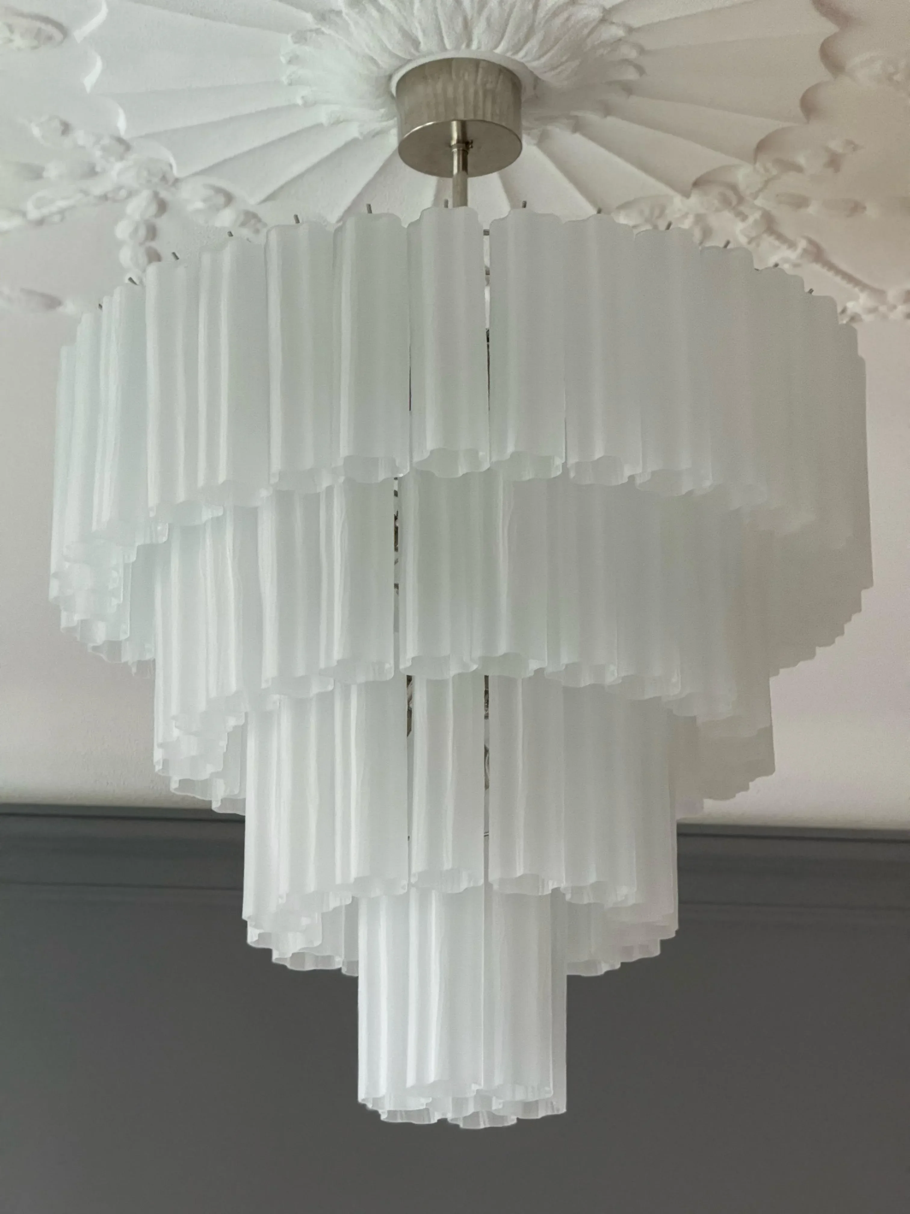 Large White Murano Glass Tronchi Chandeliers in the style of Venini