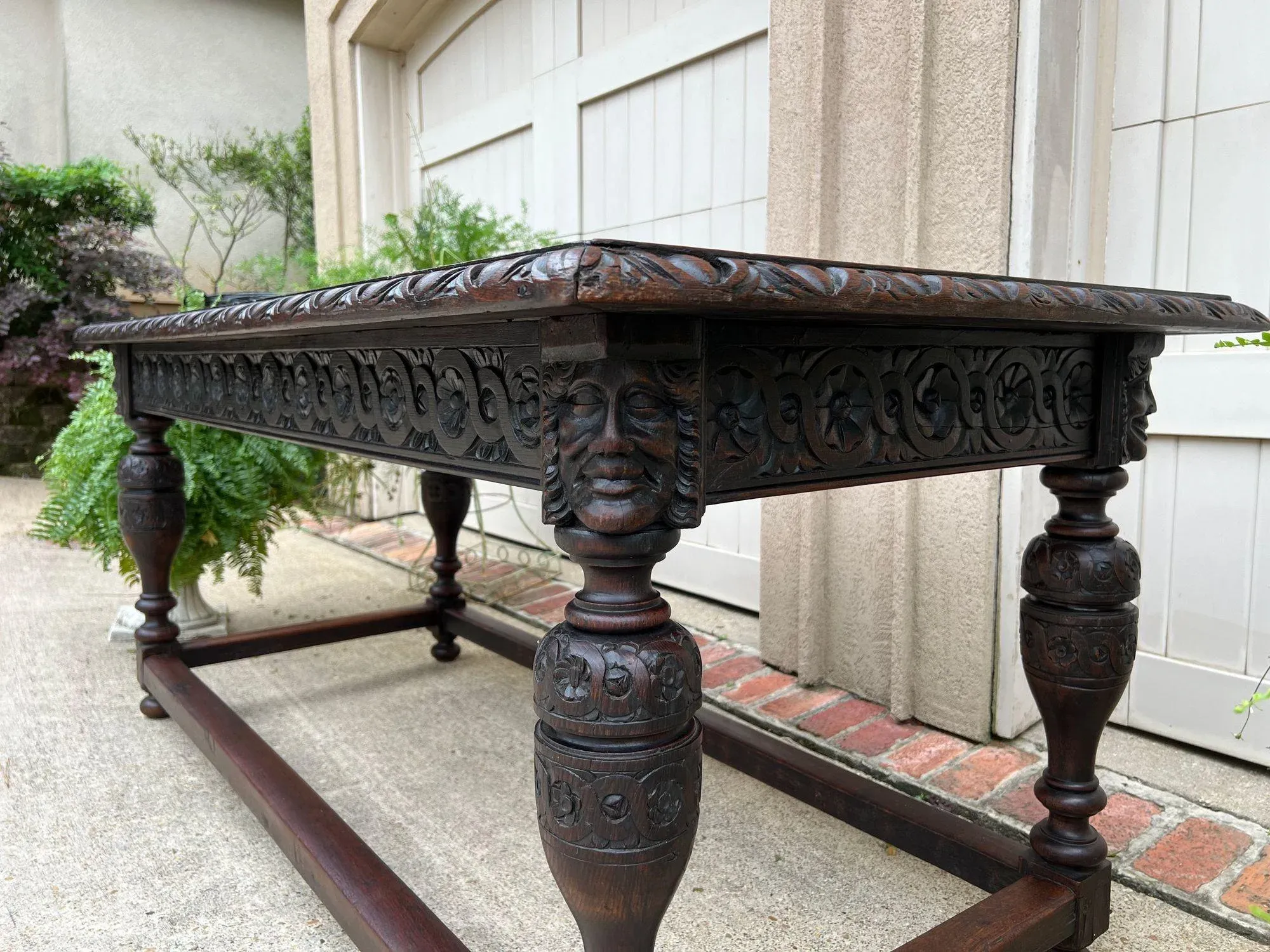 Antique French Renaissance Carved Oak Library Center Table Console Island C1880
