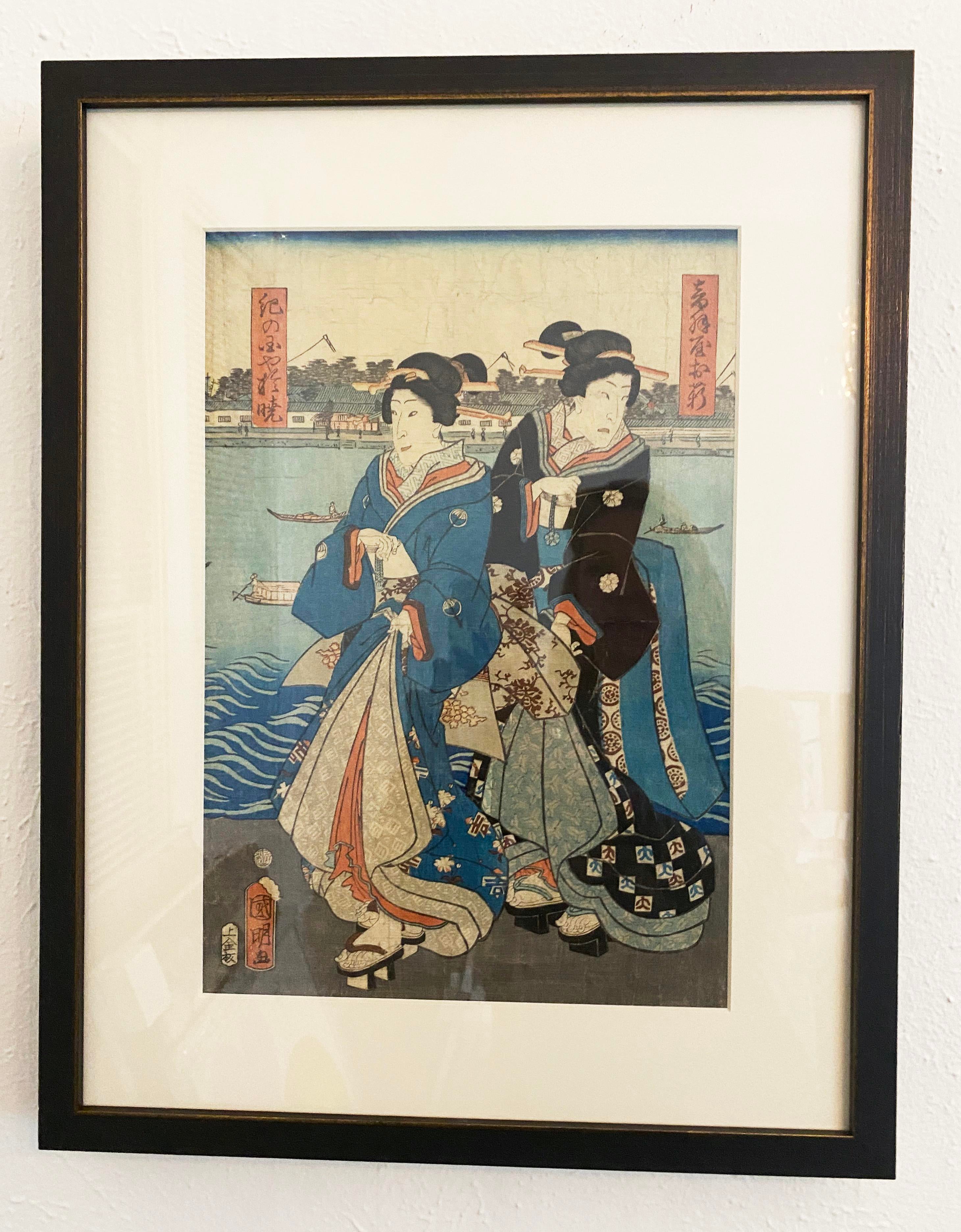 Framed Woodblock Print of Two Geishas - 19thC Framed Woodblock Print of Two Geishas - 19thC
