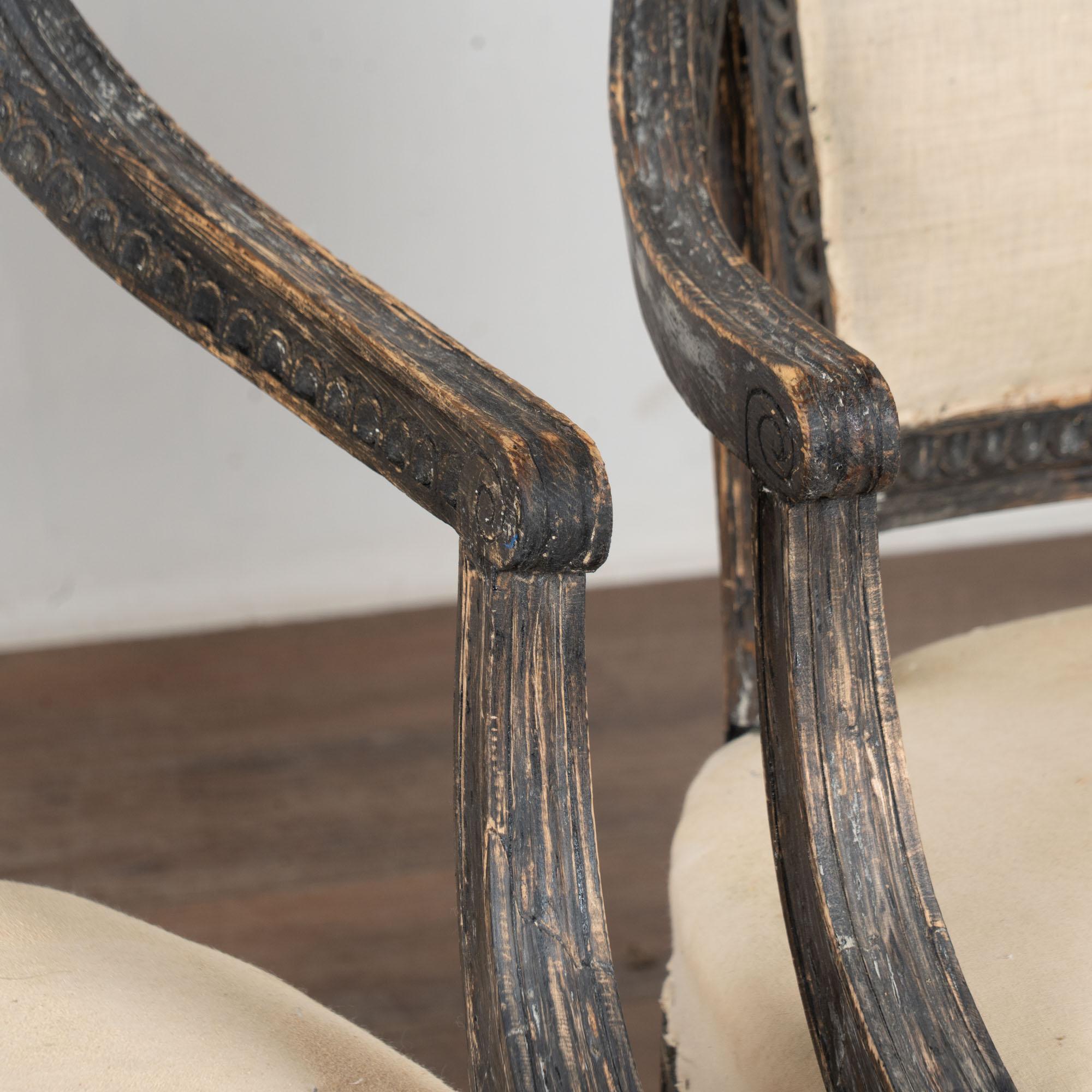 Pair 19th Century Swedish Gustavian Black Painted Carved Armchairs