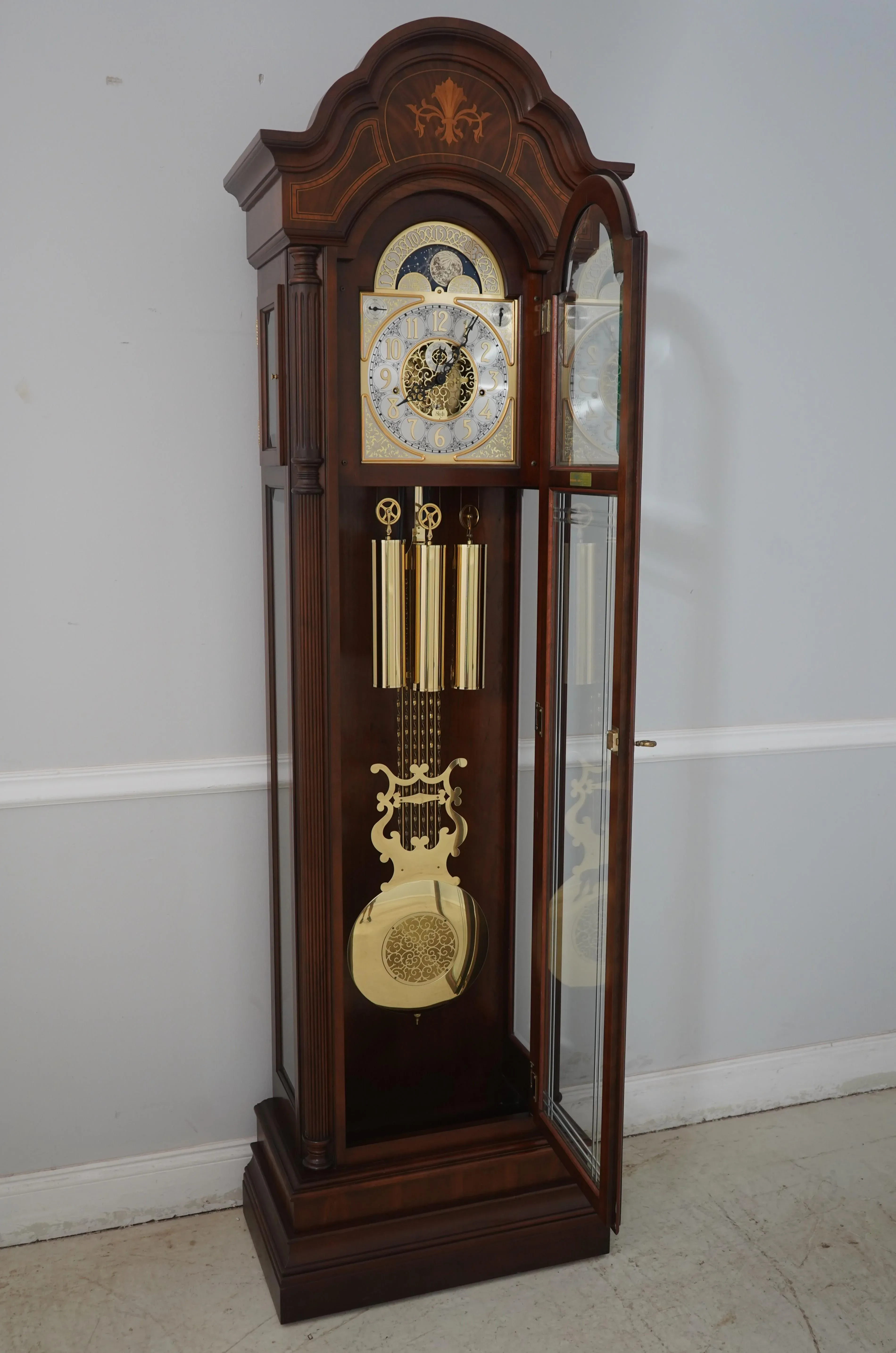 Sligh Model 818 Inlaid Mahogany Grandfather Clock | Chairish