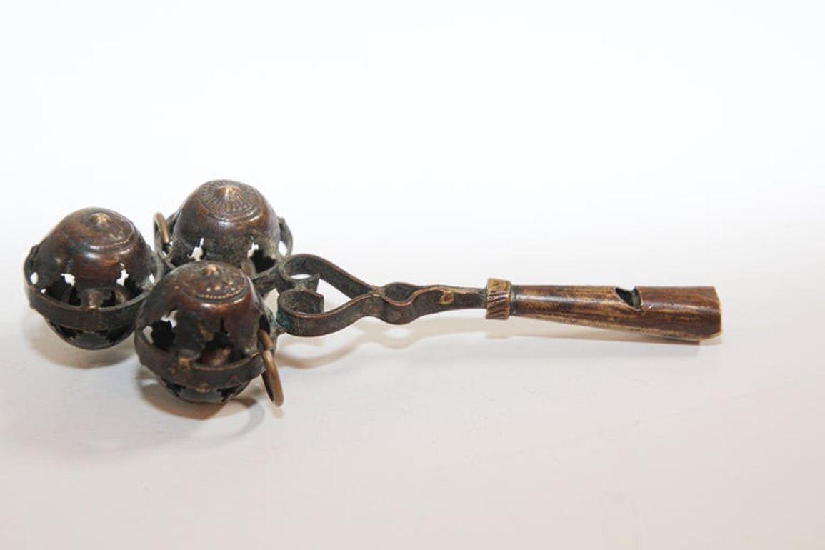 Antique Brass Baby Rattle Whistle Bell Dangles, India Chairish