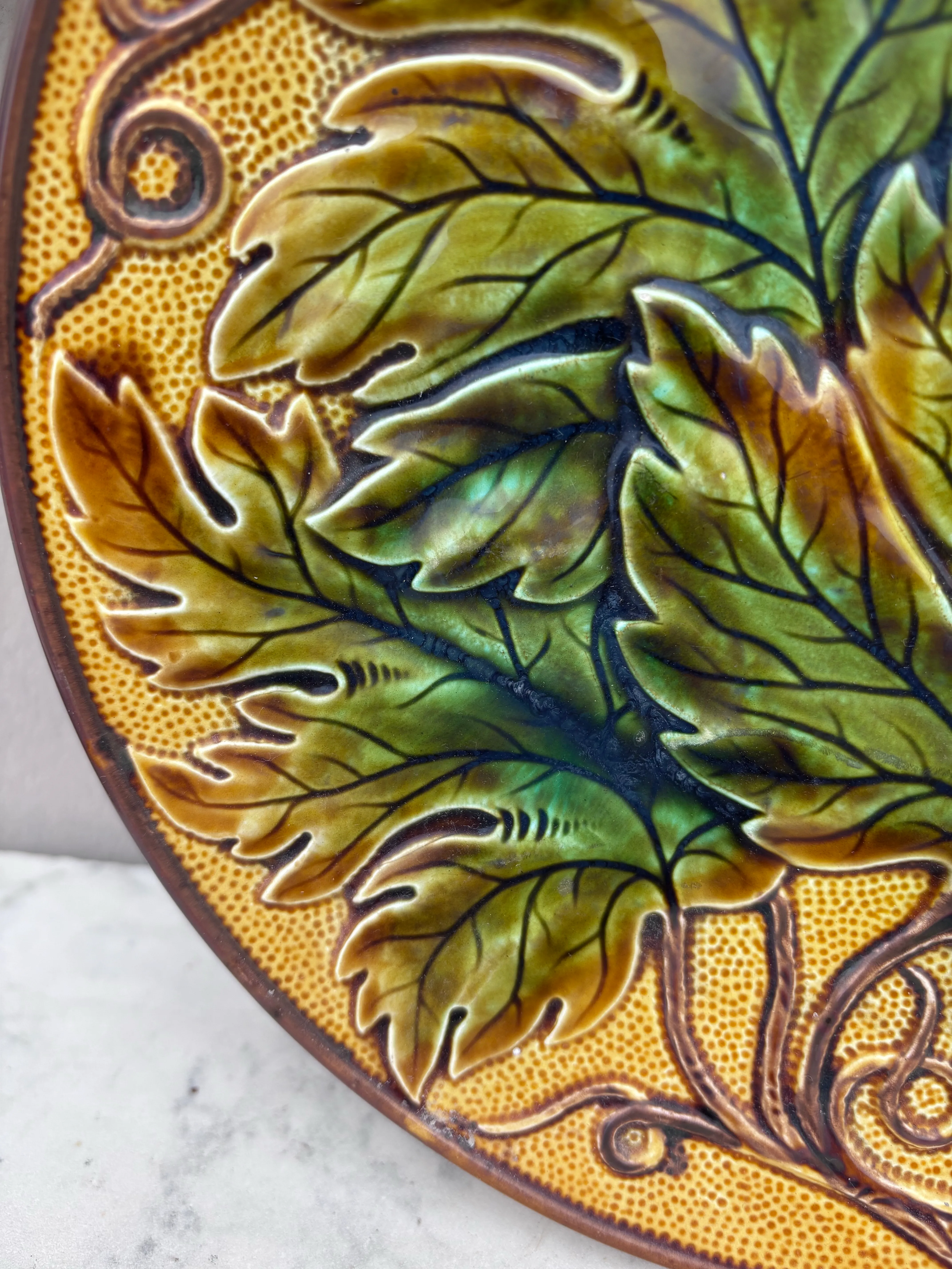 Large German Majolica Leaf Plate, Circa 1900