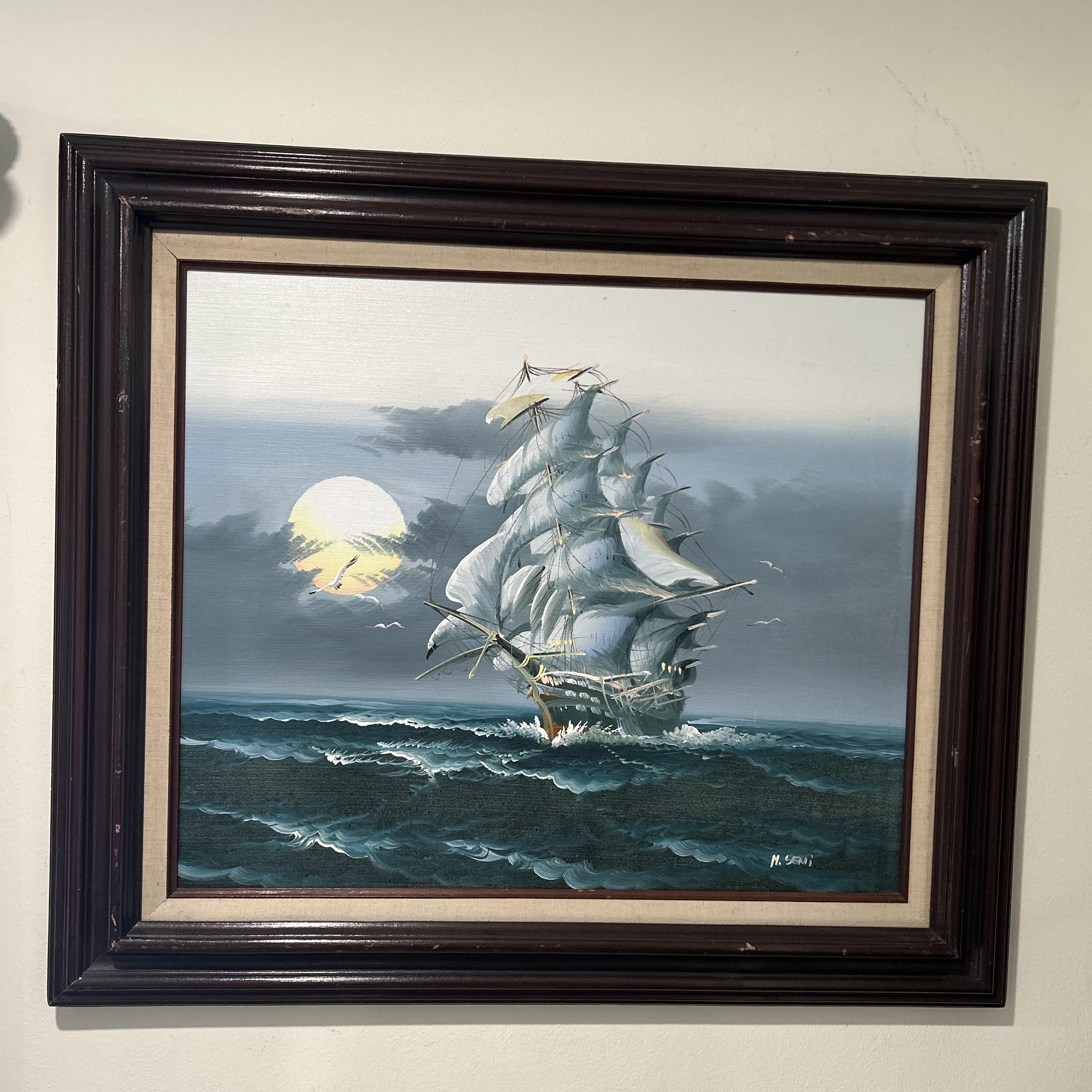【S12号】good blue(portrait_s) oil painting Original Oil Painting of a Tall Ship at Sea Signed by H
