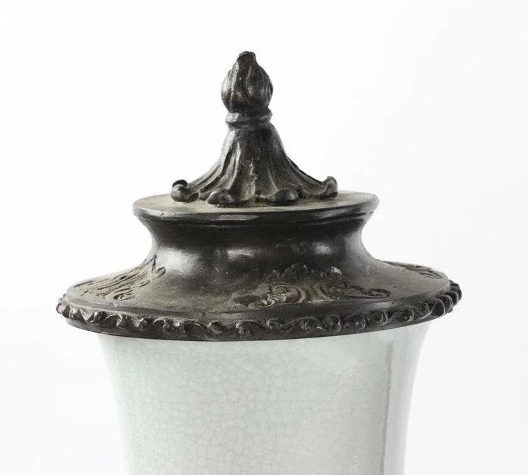 Early 20th Century Chinese Celadon Gu Shaped Porcelain Vases with Metal Covers and Bases - A Pair