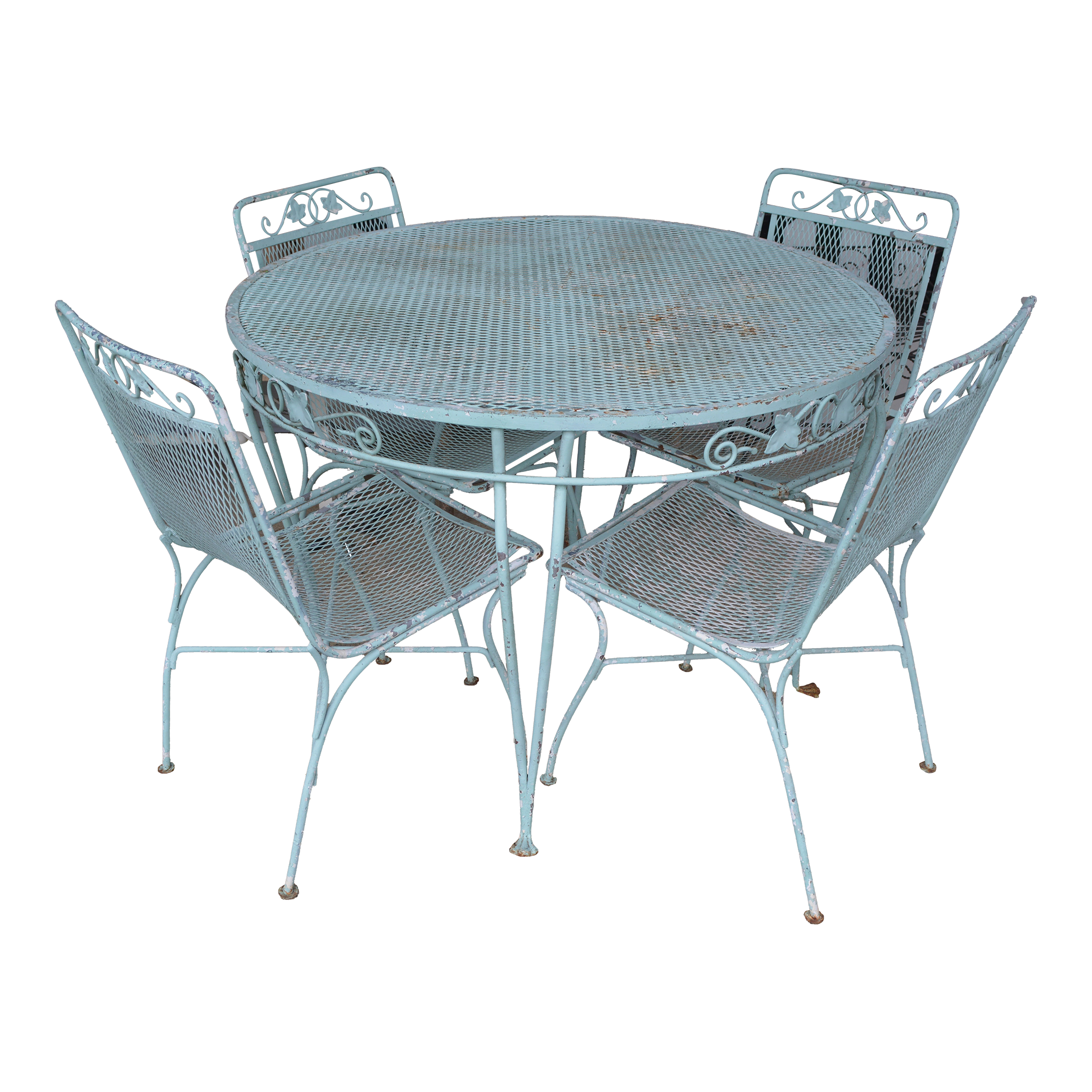 Vintage Salterini Style Ivy Wrought Iron Aqua Blue Round Patio