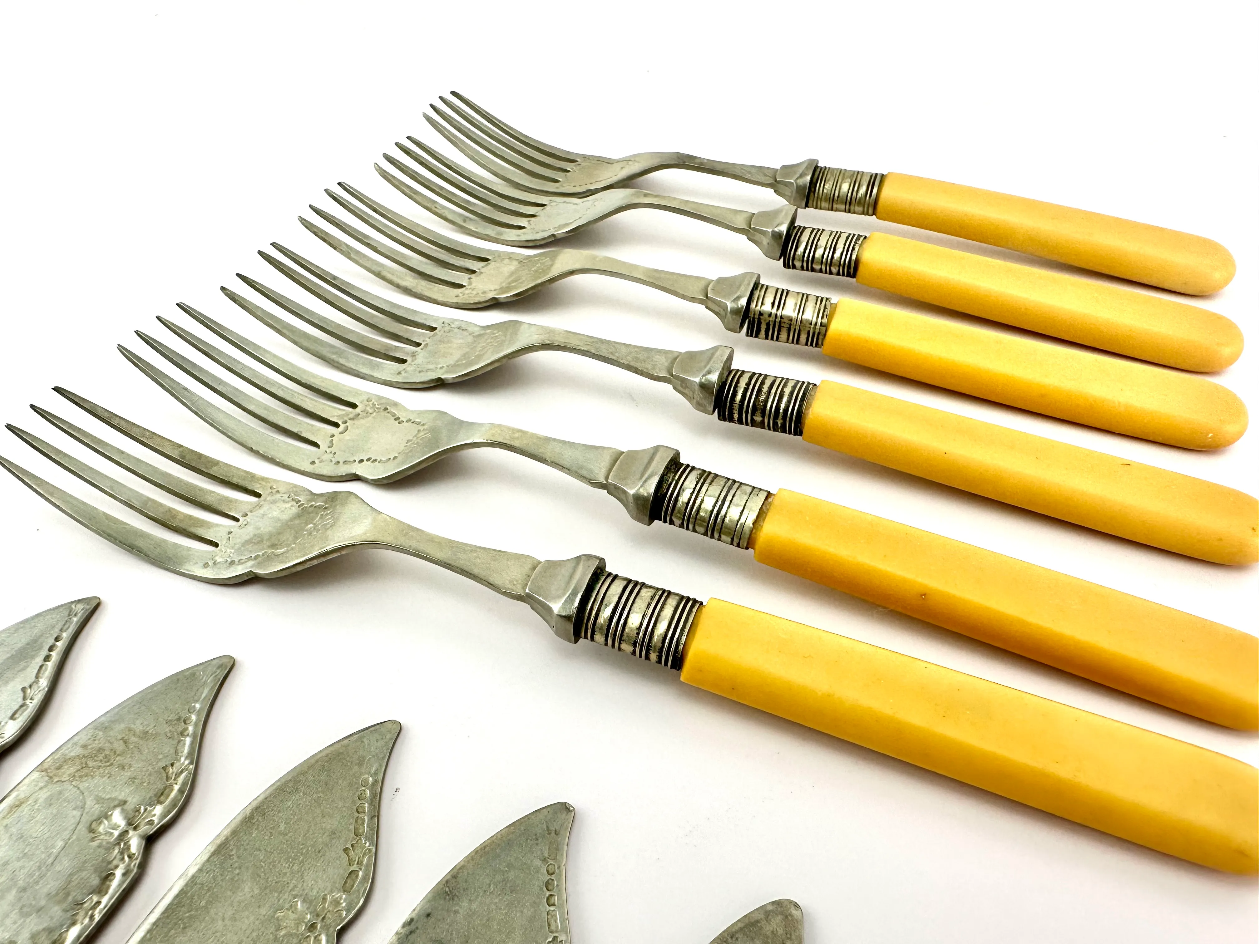 Vintage Fish Serving Set Knife and Fork, Stainless Nickel, Set of Six- 12  Pieces