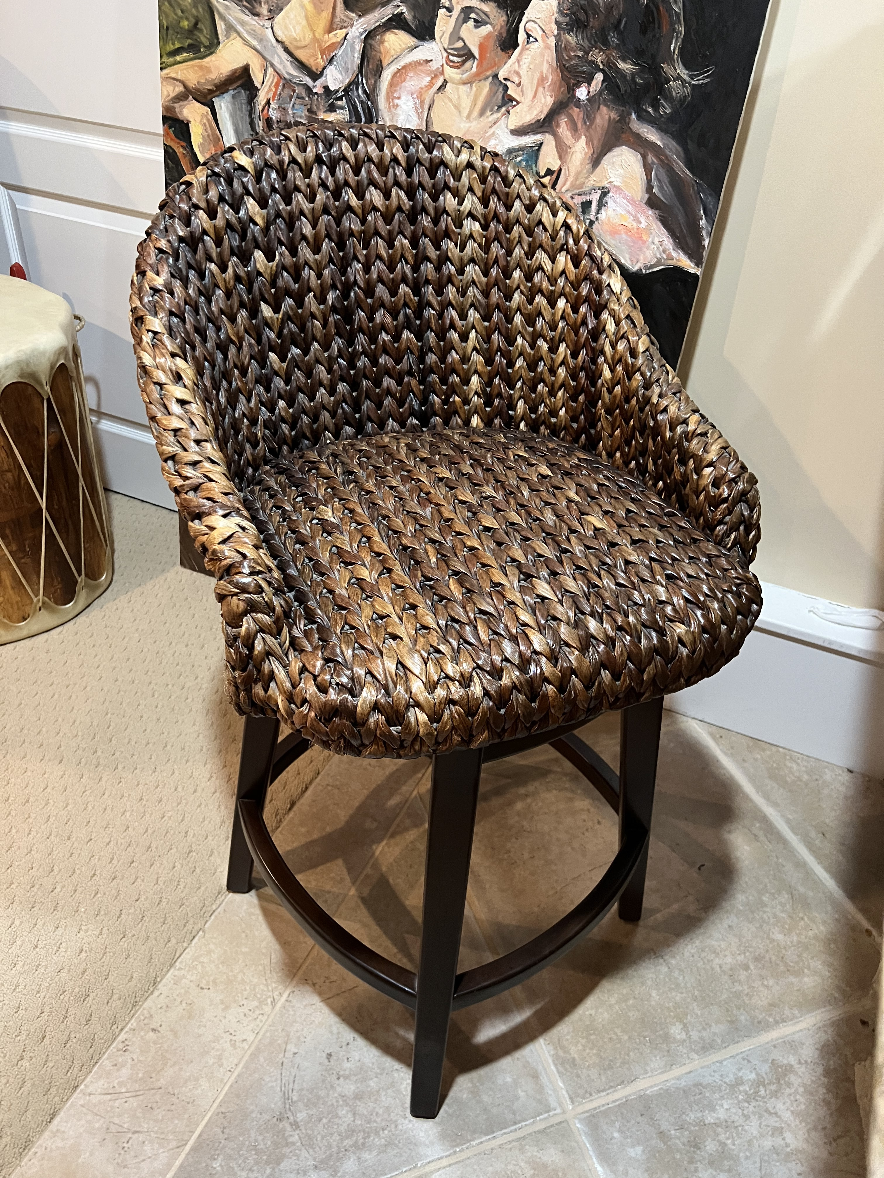2000s Pottery Barn Seagrass Swivel Bucket Barstools Chairs a Pair