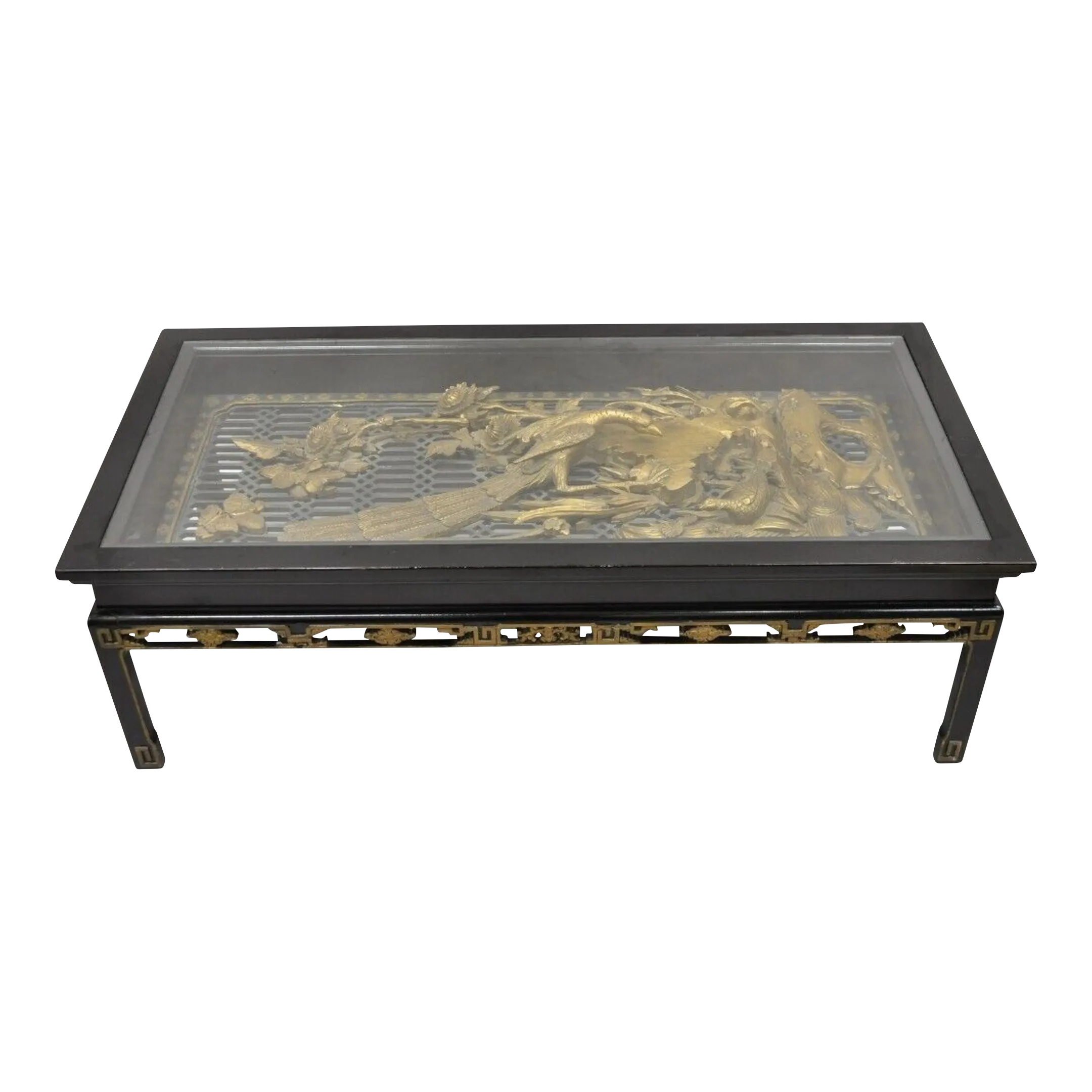 Mid 20th Century Vintage Chinese Relief Carved Ho Ho Bird Glass Top