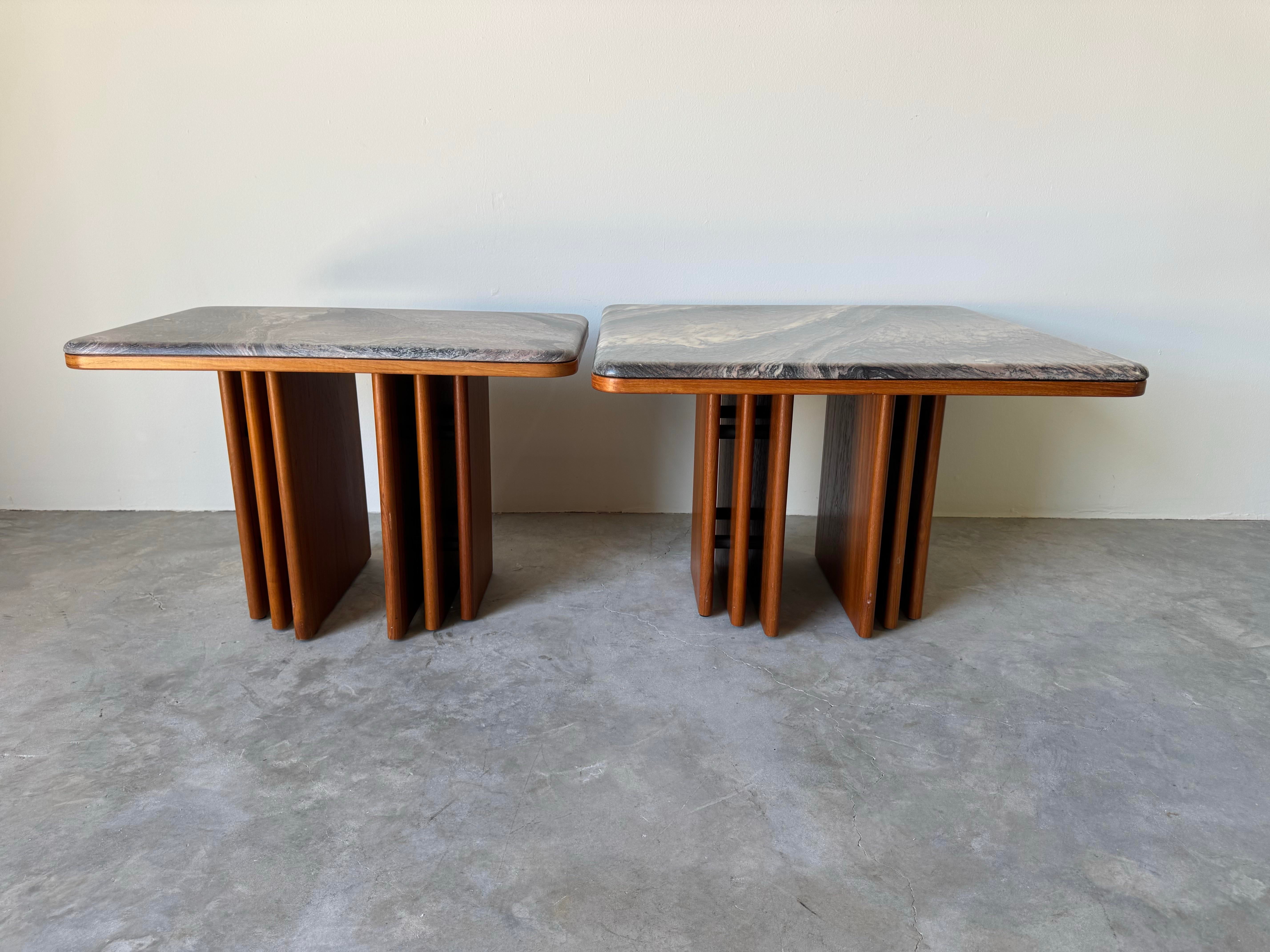 Pair of Mid Century Danish Modern Marble & Teak Side/Coffee Tables