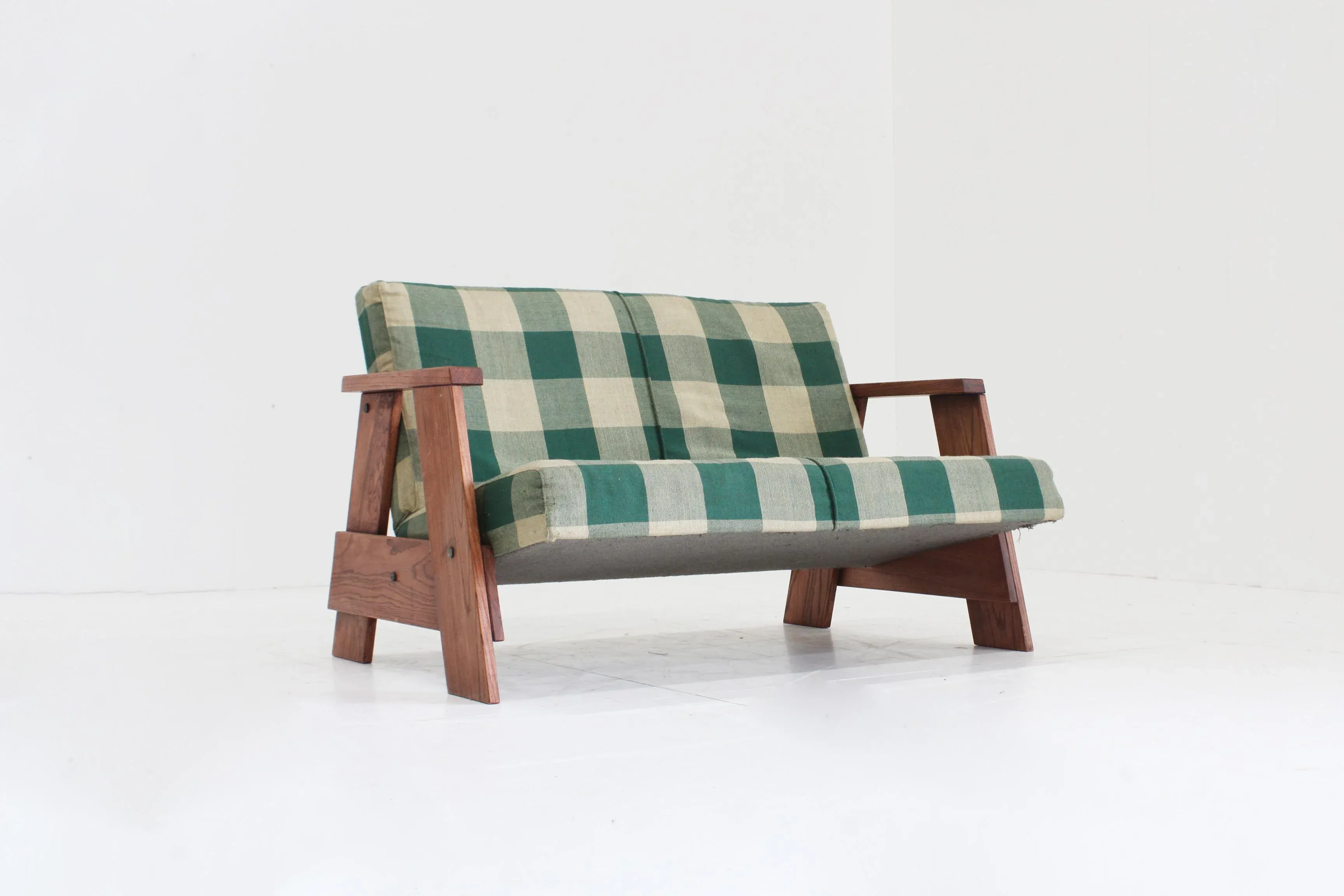 Vintage Sofa in Checkered Fabric and Wood, Italy, 1960s