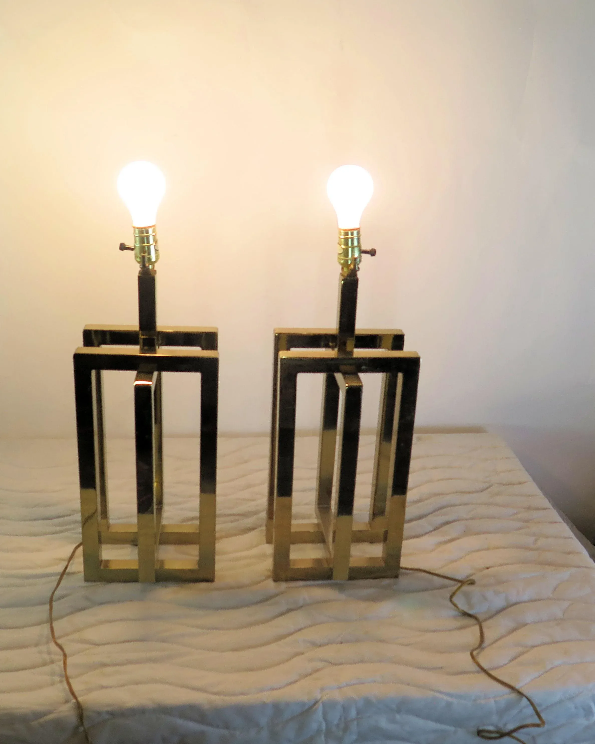 Vintage Sculptural Multi Rectangular Brass Lamps - A Pair