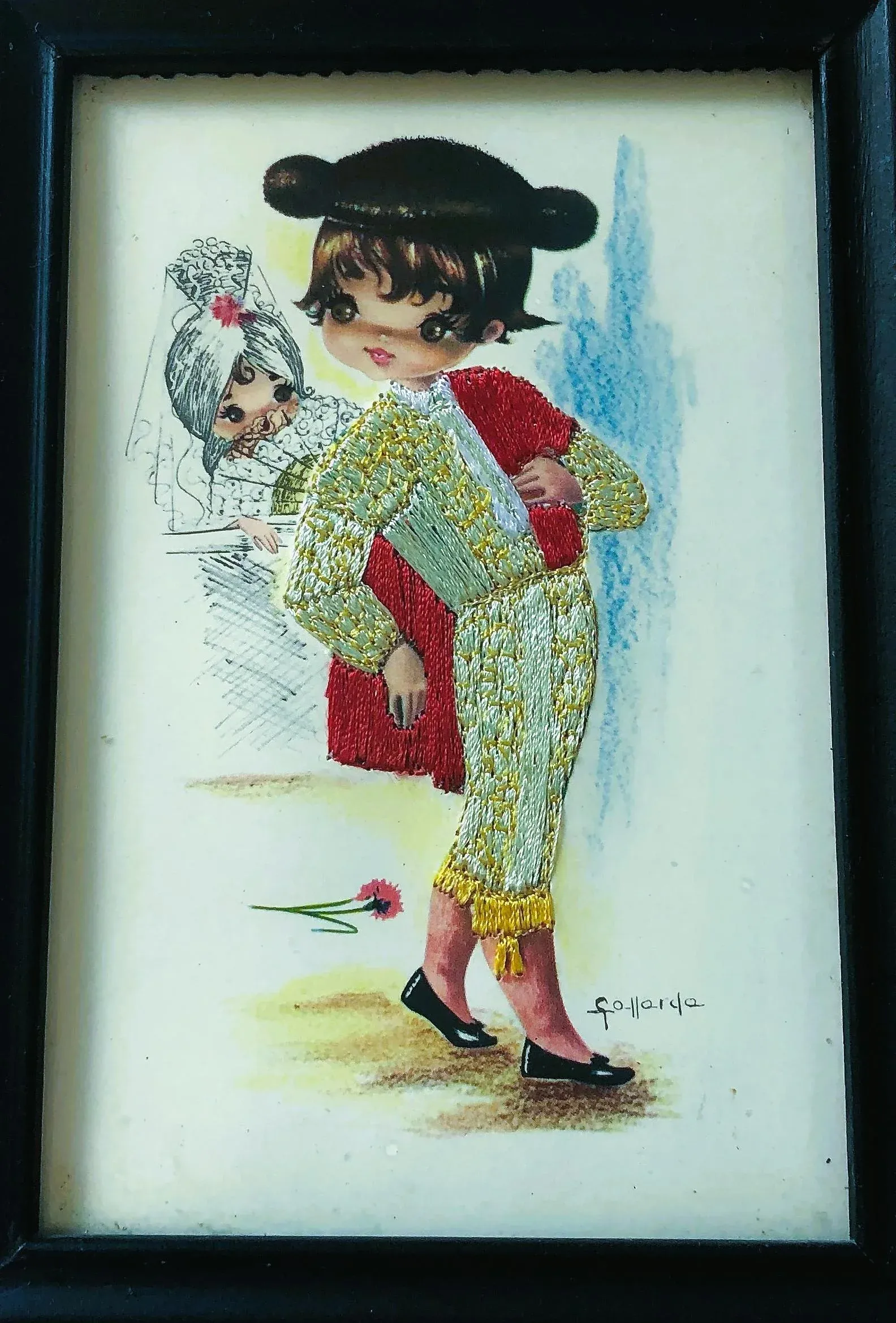 vintage nude postcards child 1940's Signed Gallarda Framed Silk Embroidered Big Eyes Spanish Postcards -  Set of 6 | Chairish
