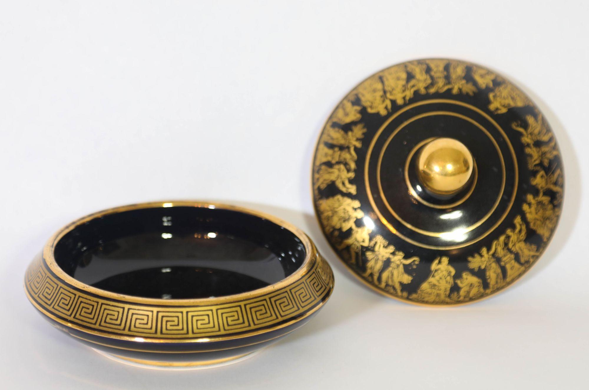 Black With 24k Gold Porcelain Jar With Lid Made in Greece by