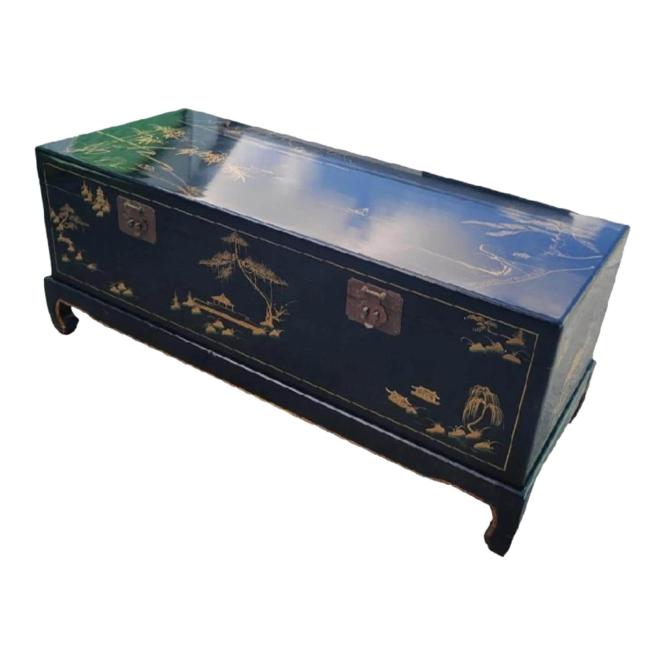 Vintage Huge Chinoiserie Black Lacquered Pagoda Garden Scene Storage Ming Leg Trunk Coffee Table