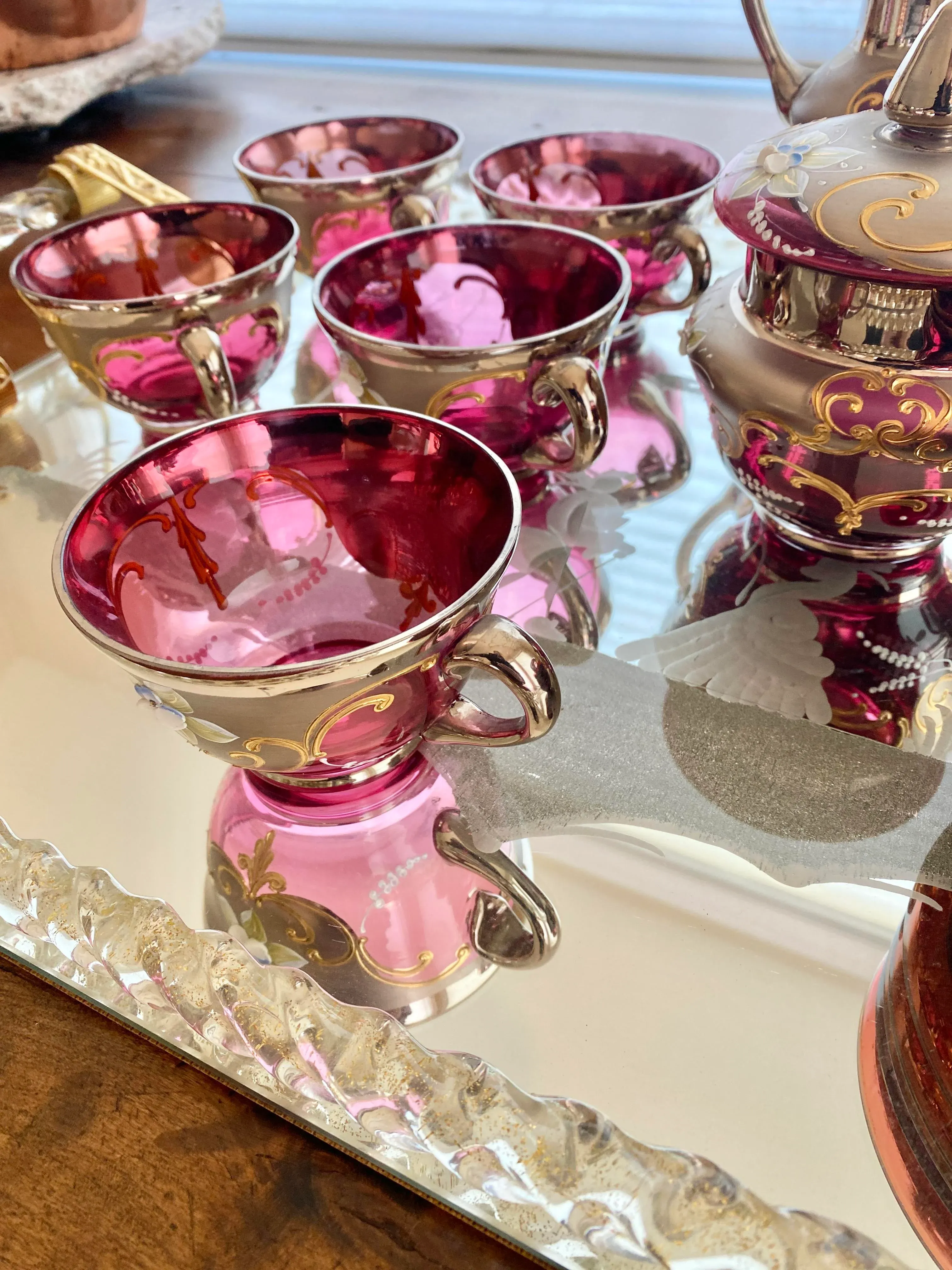 Vintage Venetian Murano Cranberry Glass HandPainted 24k Gold