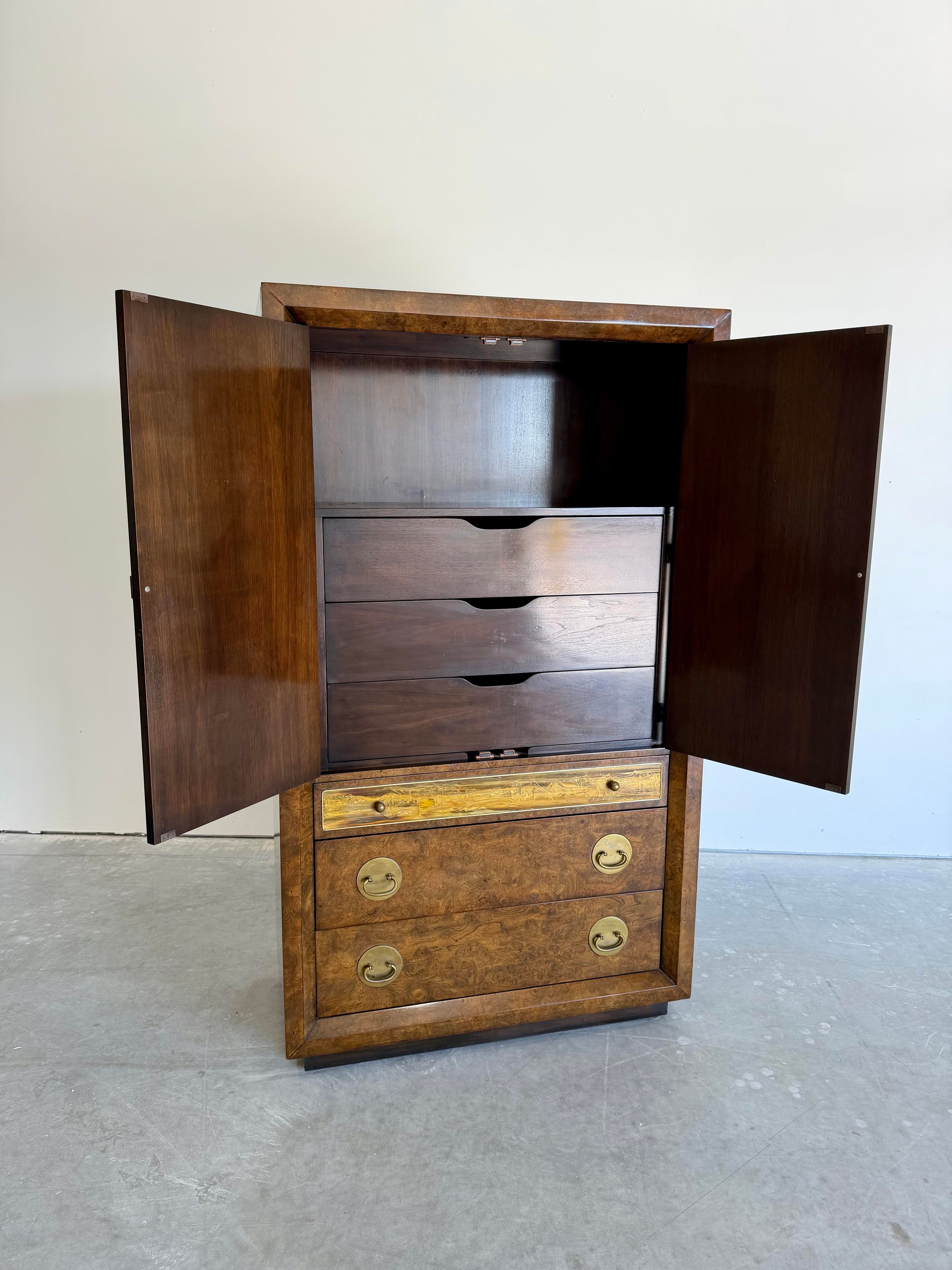 Vintage 1970’s Mastercraft Attributed Burlwood Armoire Cabinet With Etched Brass