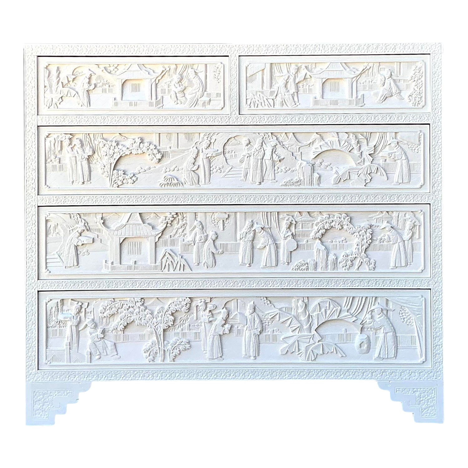 Vintage Todd Hase Asian Carved Relief Chest of Drawers