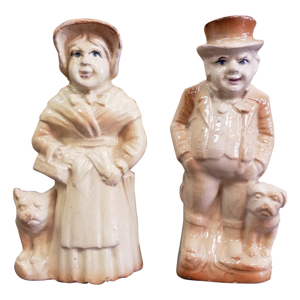 Mid 19th Century English Staffordshire Porcelain Man & Woman  Mid 19th Cent. English Staffordshire Porcelain Man & Woman w/ Boston Terriers main image 0