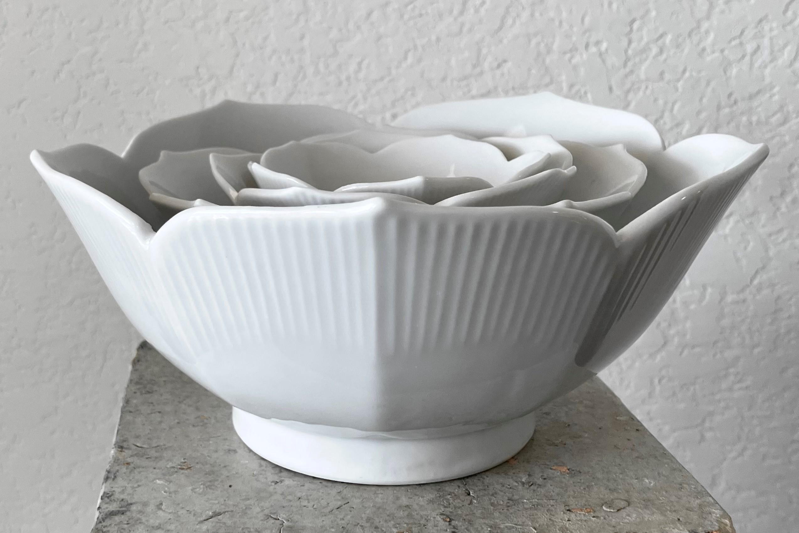 Mid 20th-Century Crisp White Porcelain Serveware Nesting Lotus Bowls - 4 Pieces